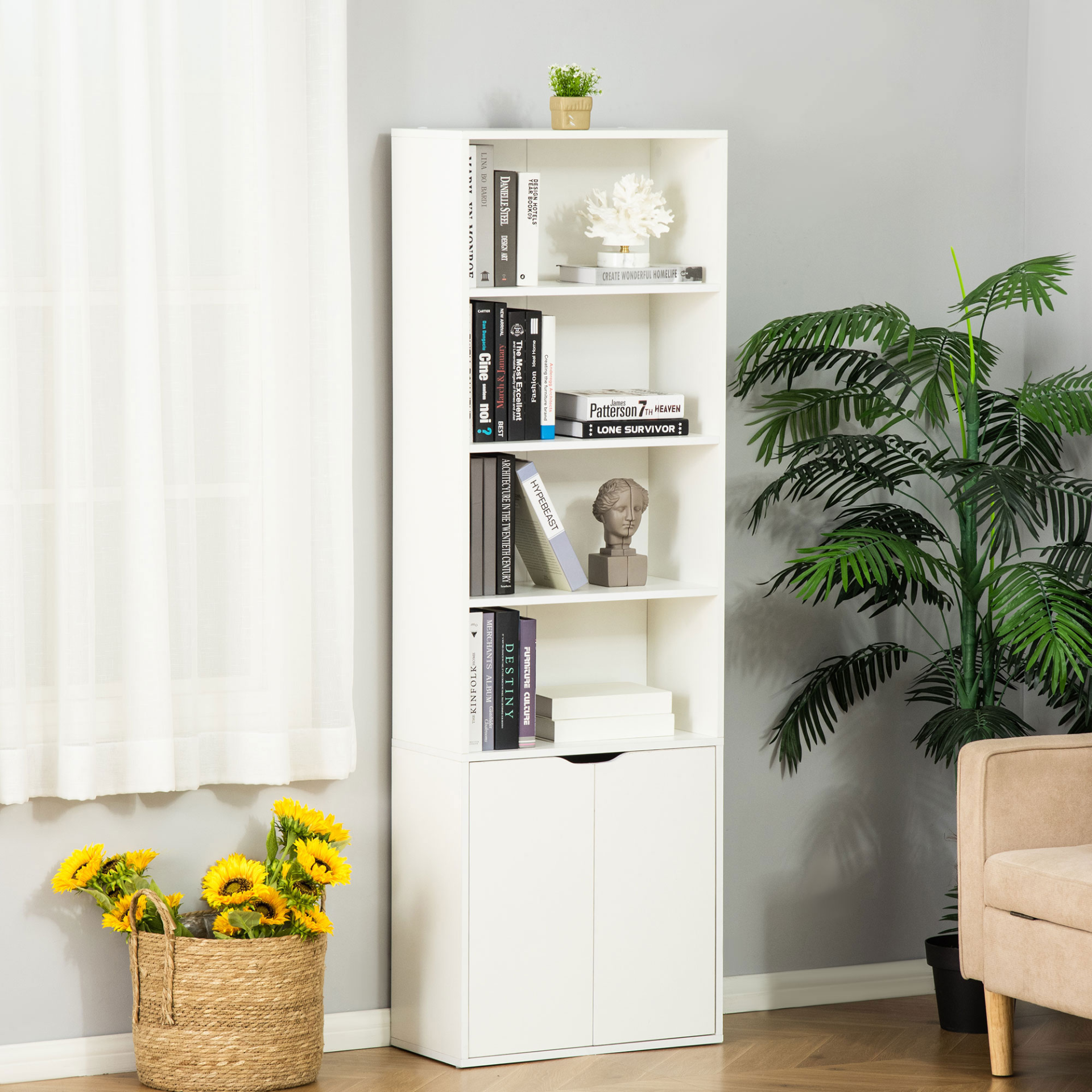 HOMCOM Tall Bookcase with 2 Doors & 4 Shelves - Modern White Storage Cupboard & Display Unit for Living Room, Study, Bedroom, and Home Office - BEYRUN