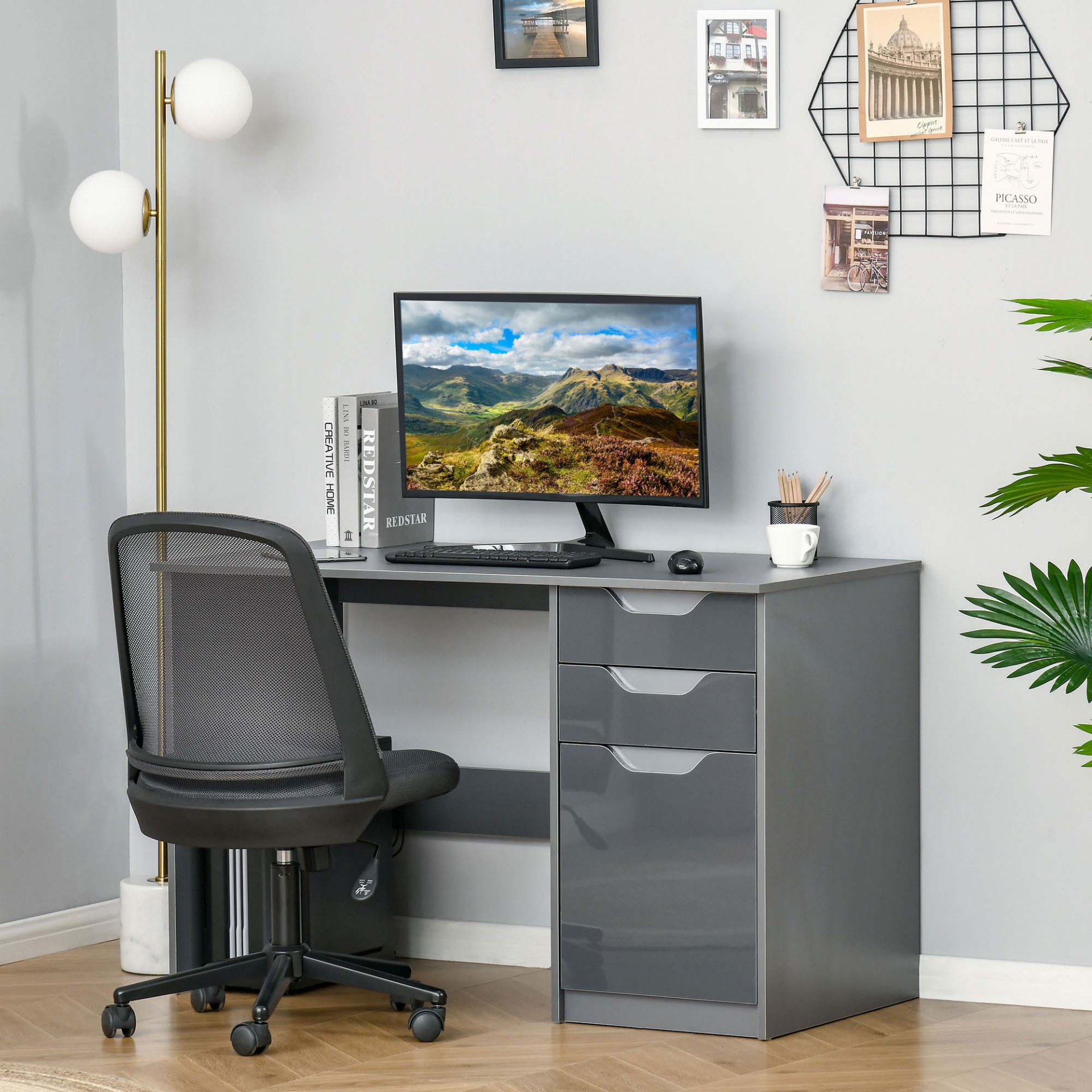 HOMCOM High Gloss Computer Desk with Drawers, Modern Writing Workstation, Grey - Stylish and Functional Home Office Desk - BEYRUN