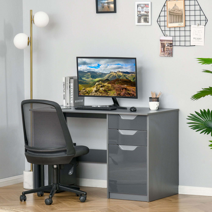 HOMCOM High Gloss Computer Desk with Drawers, Modern Writing Workstation, Grey - Stylish and Functional Home Office Desk - BEYRUN