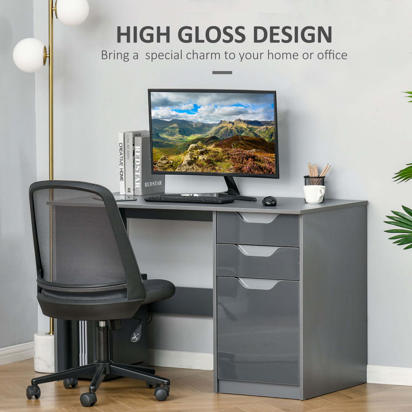 HOMCOM High Gloss Computer Desk with Drawers, Modern Writing Workstation, Grey - Stylish and Functional Home Office Desk - BEYRUN