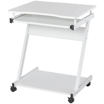 HOMCOM Movable Computer Desk with Wheels, Sliding Keyboard Tray, and Storage Shelves - White Home Office Workstation - BEYRUN