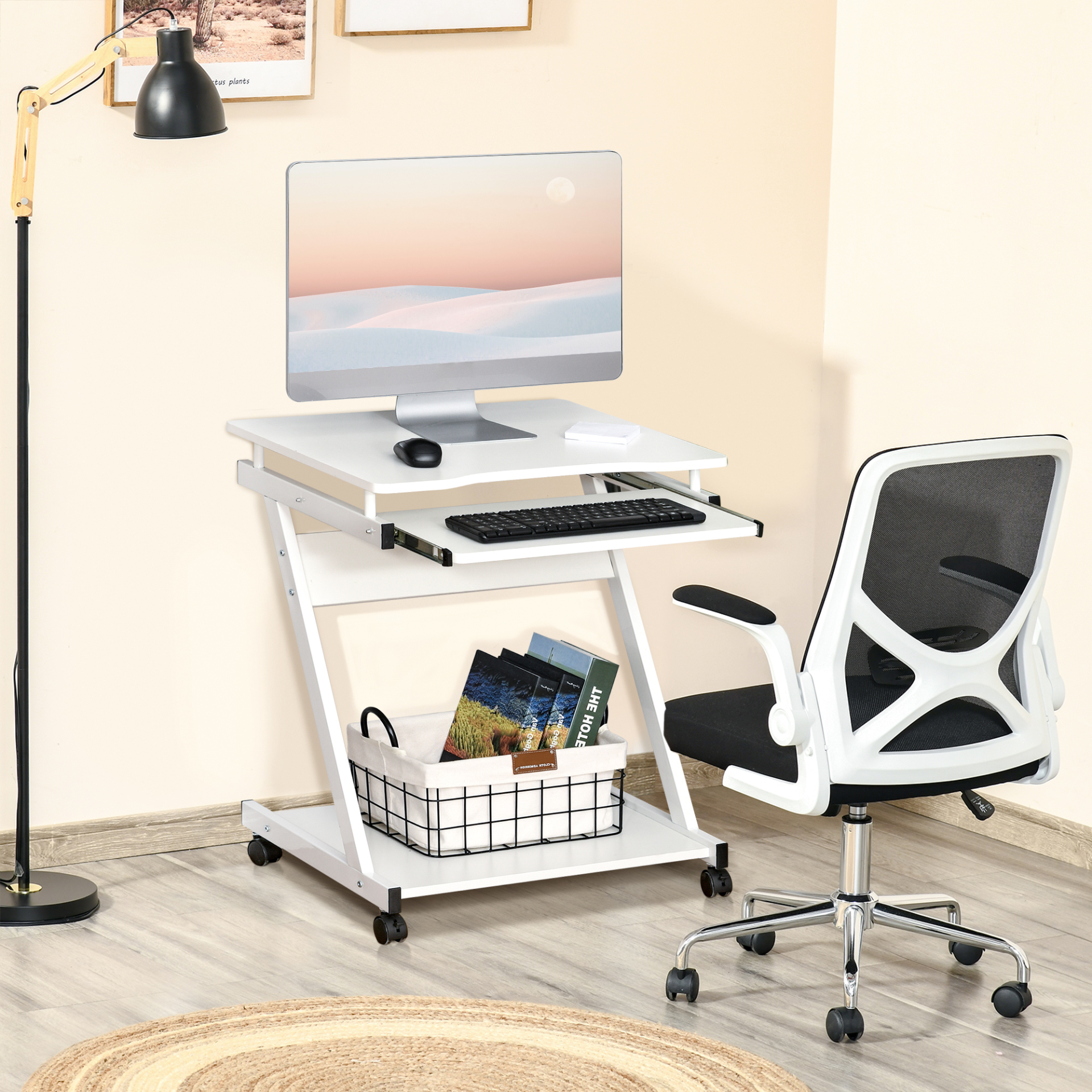 HOMCOM Movable Computer Desk with Wheels, Sliding Keyboard Tray, and Storage Shelves - White Home Office Workstation - BEYRUN