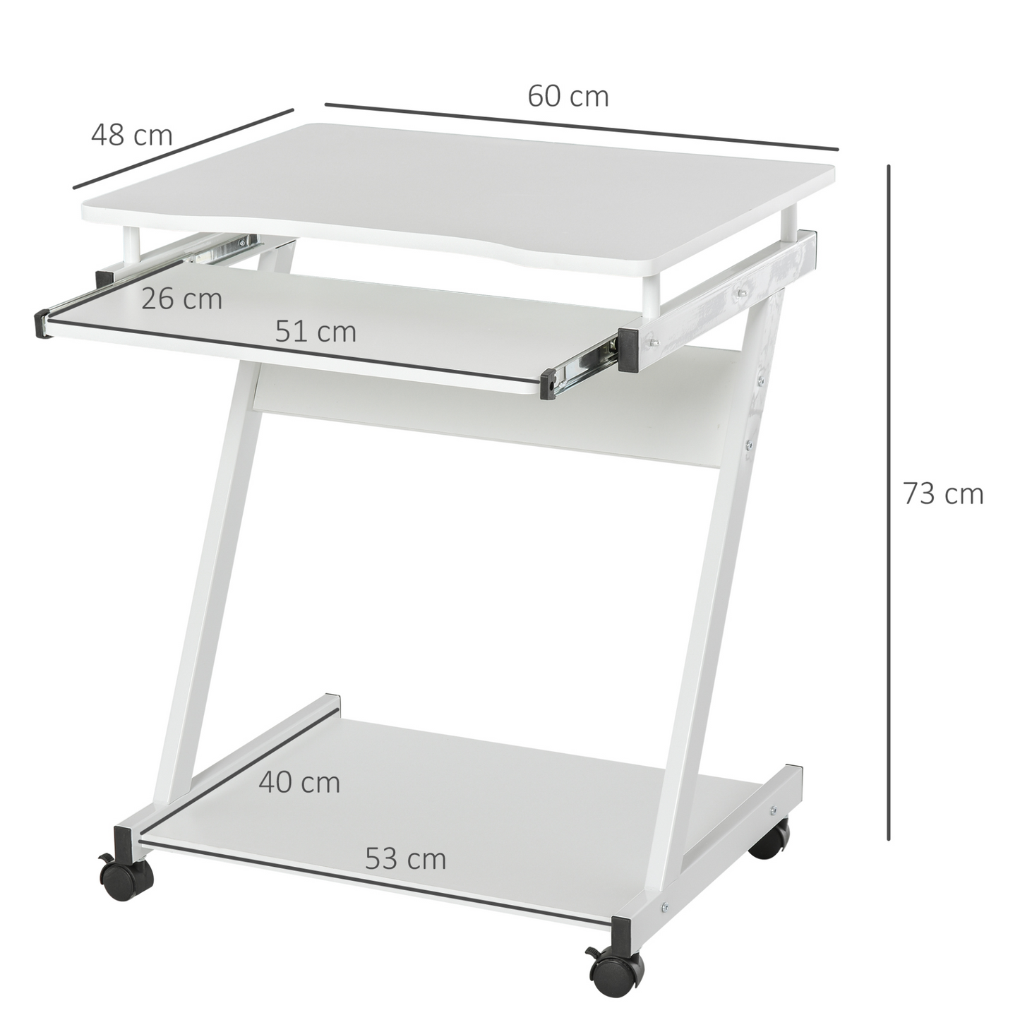 HOMCOM Movable Computer Desk with Wheels, Sliding Keyboard Tray, and Storage Shelves - White Home Office Workstation - BEYRUN