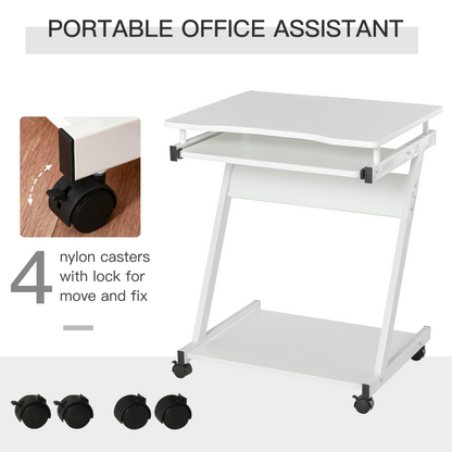 HOMCOM Movable Computer Desk with Wheels, Sliding Keyboard Tray, and Storage Shelves - White Home Office Workstation - BEYRUN