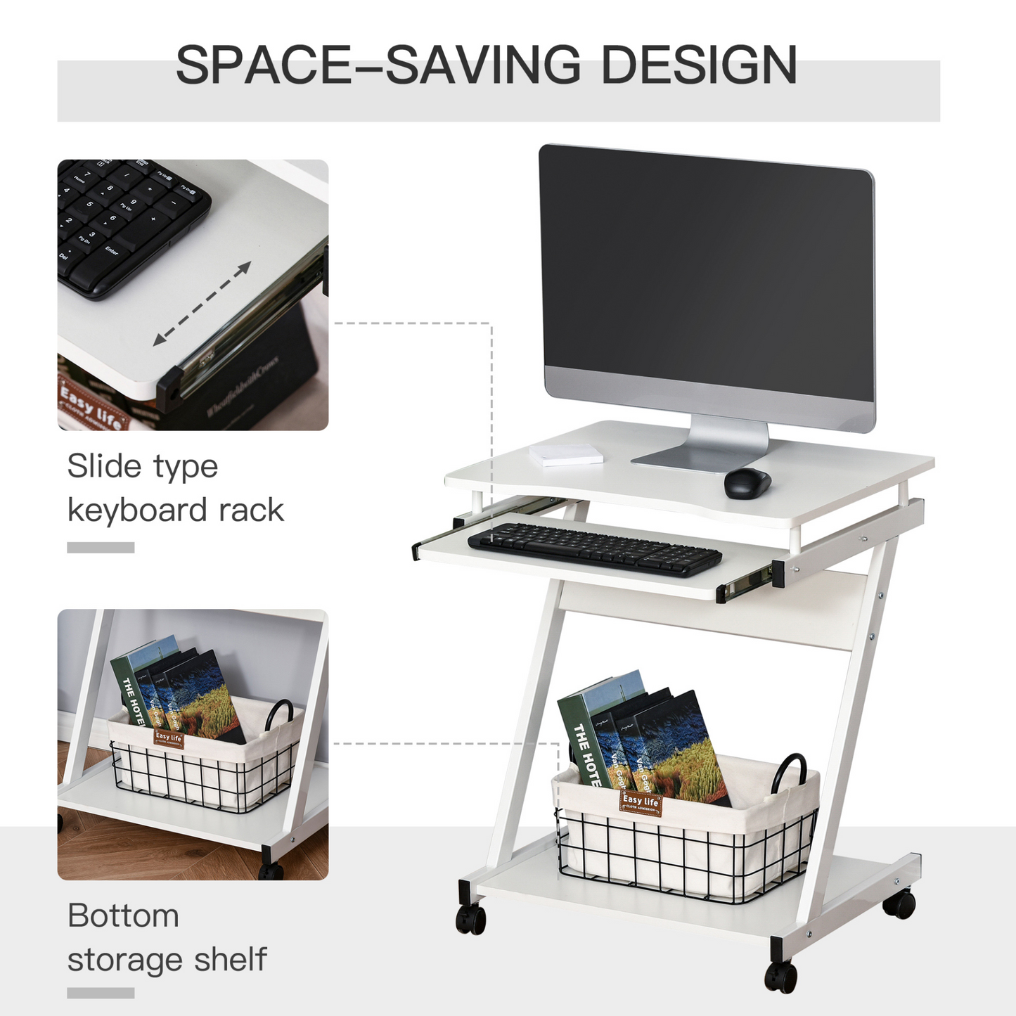 HOMCOM Movable Computer Desk with Wheels, Sliding Keyboard Tray, and Storage Shelves - White Home Office Workstation - BEYRUN