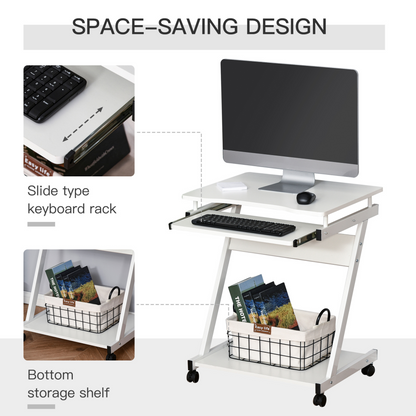 HOMCOM Movable Computer Desk with Wheels, Sliding Keyboard Tray, and Storage Shelves - White Home Office Workstation - BEYRUN