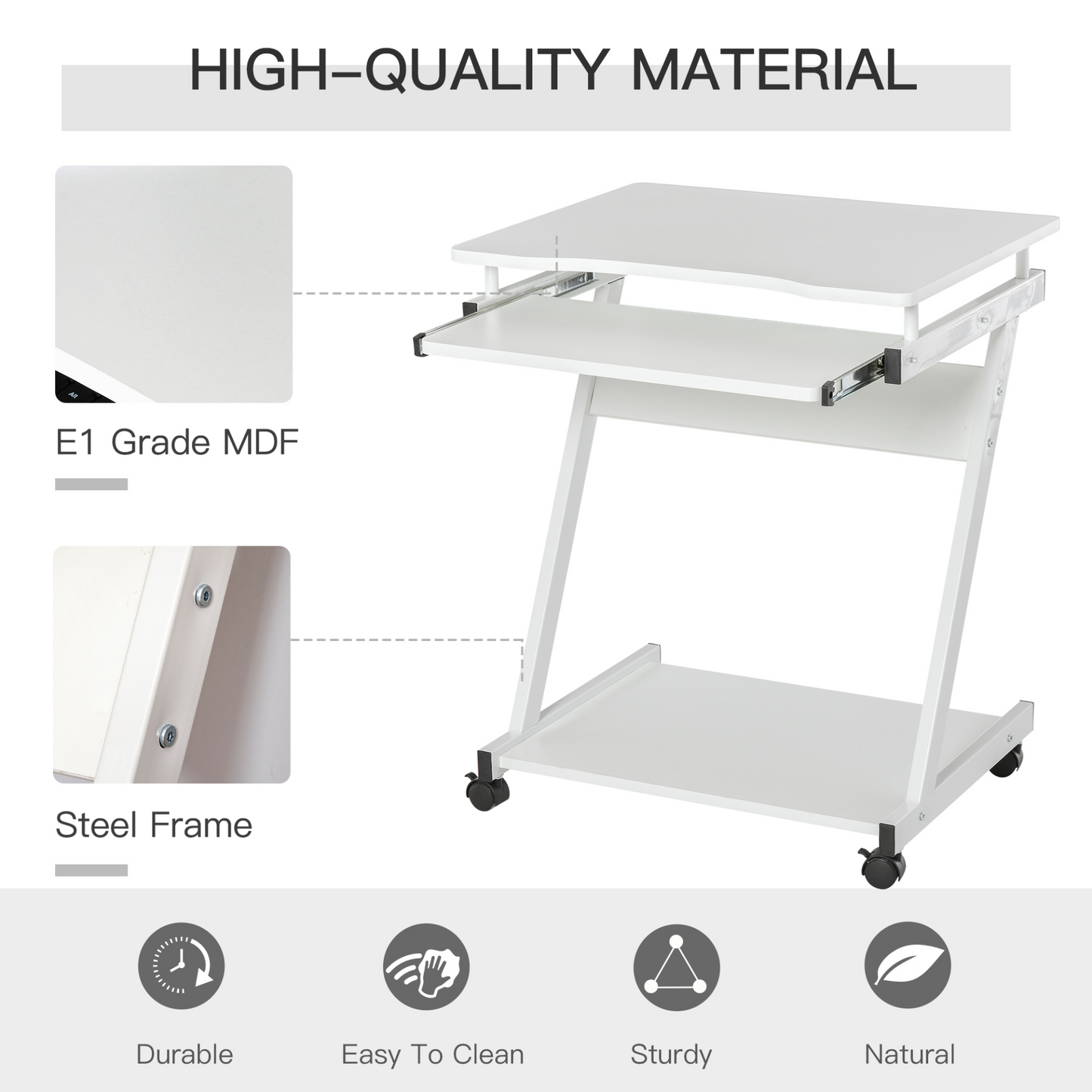 HOMCOM Movable Computer Desk with Wheels, Sliding Keyboard Tray, and Storage Shelves - White Home Office Workstation - BEYRUN