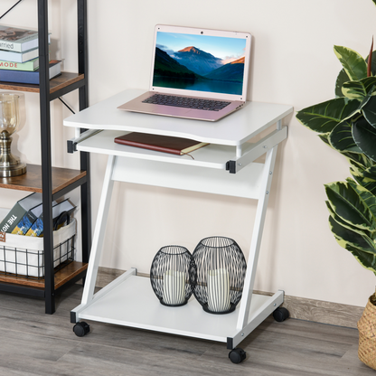 HOMCOM Movable Computer Desk with Wheels, Sliding Keyboard Tray, and Storage Shelves - White Home Office Workstation - BEYRUN