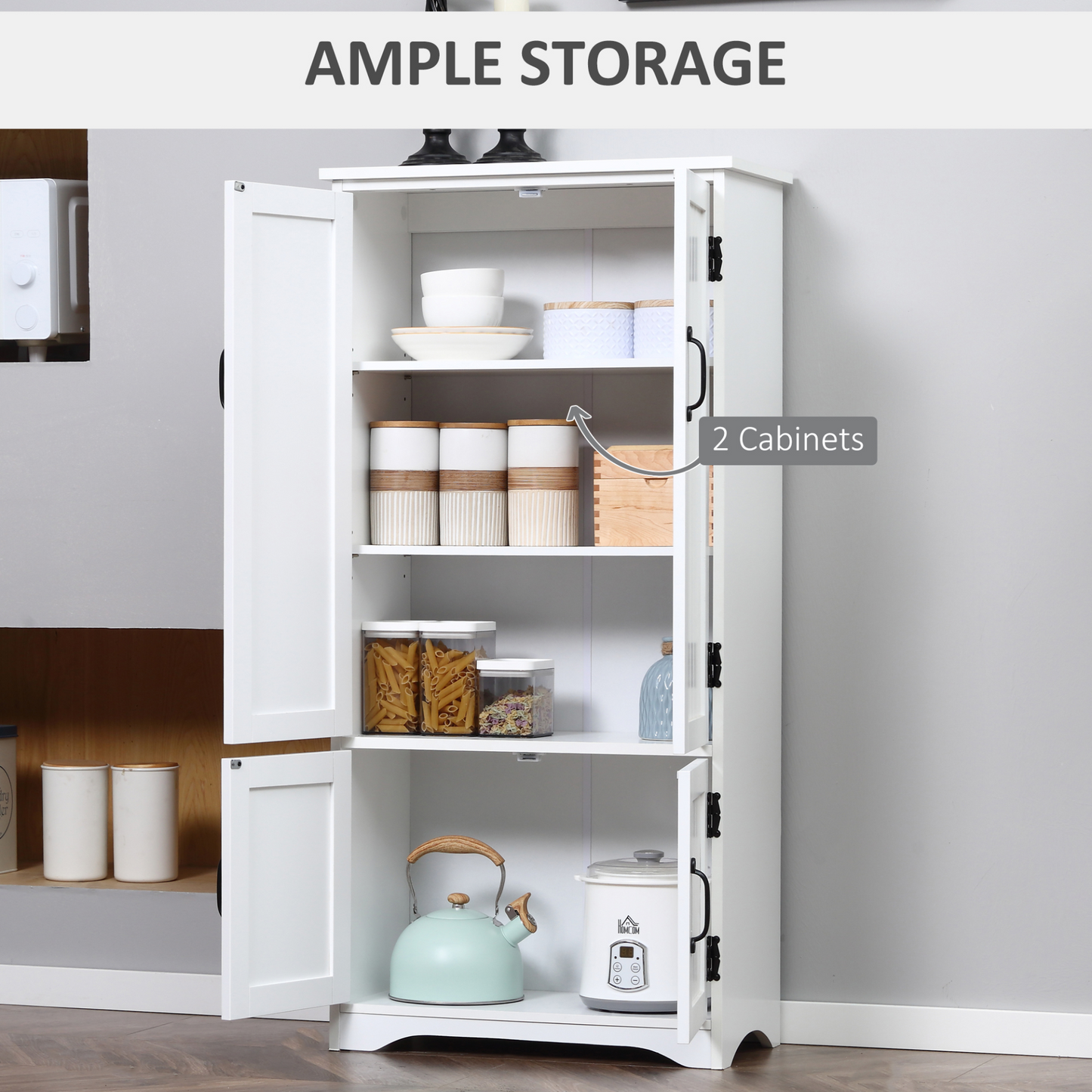 HOMCOM White Accent Floor Storage Cabinet - Versatile Kitchen Cupboard with Adjustable Shelves & Lower Doors - BEYRUN