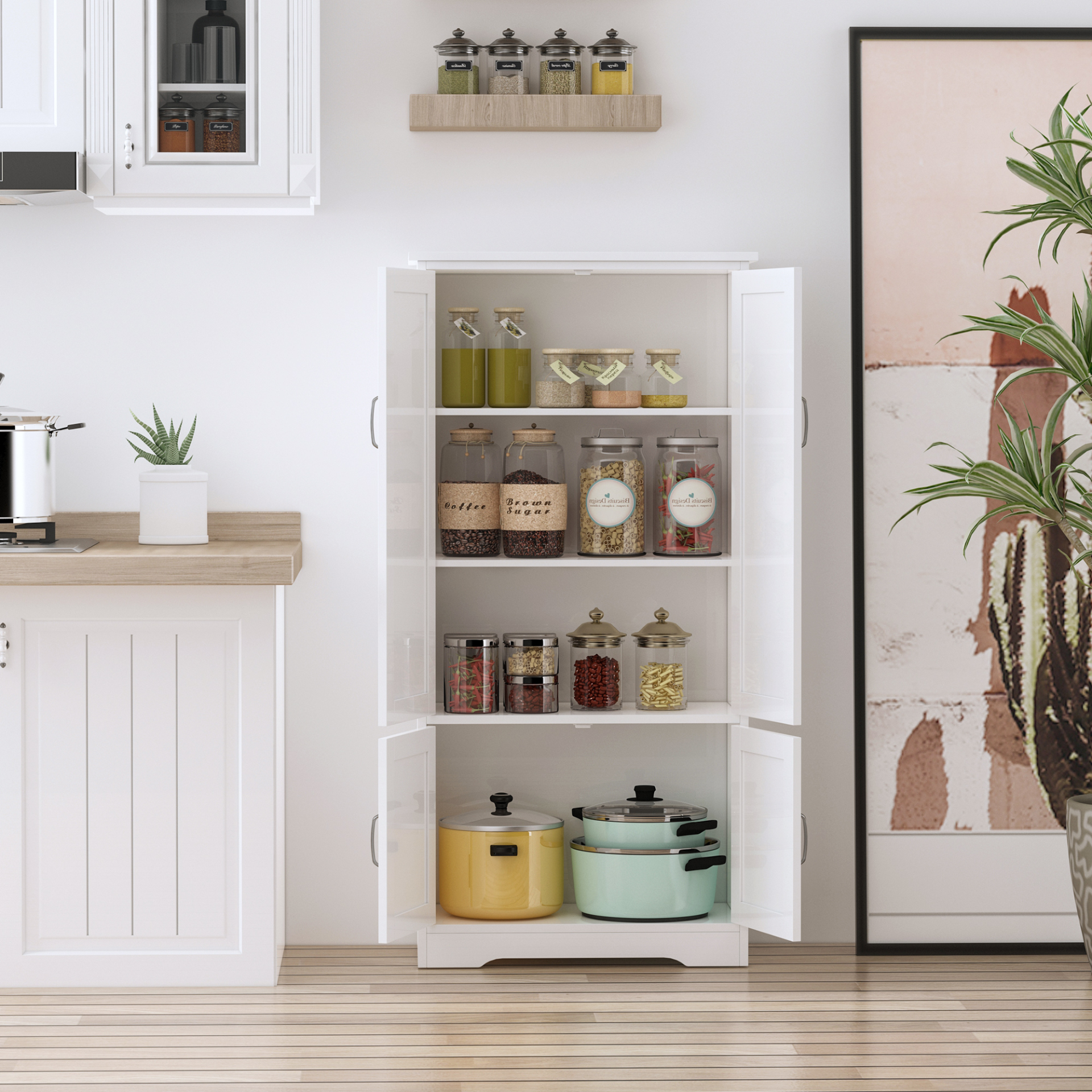 HOMCOM White Accent Floor Storage Cabinet - Versatile Kitchen Cupboard with Adjustable Shelves & Lower Doors - BEYRUN