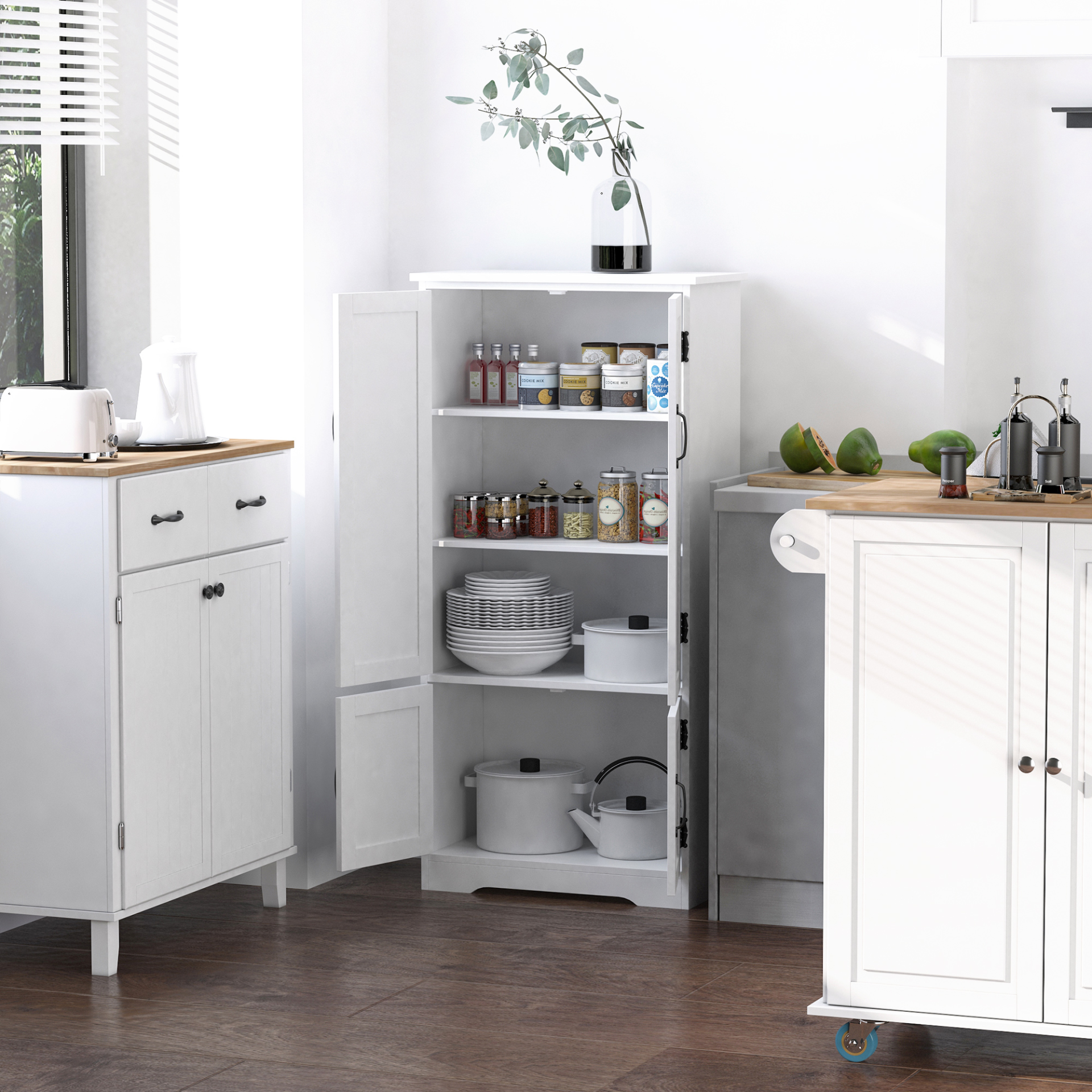 HOMCOM White Accent Floor Storage Cabinet - Versatile Kitchen Cupboard with Adjustable Shelves & Lower Doors - BEYRUN