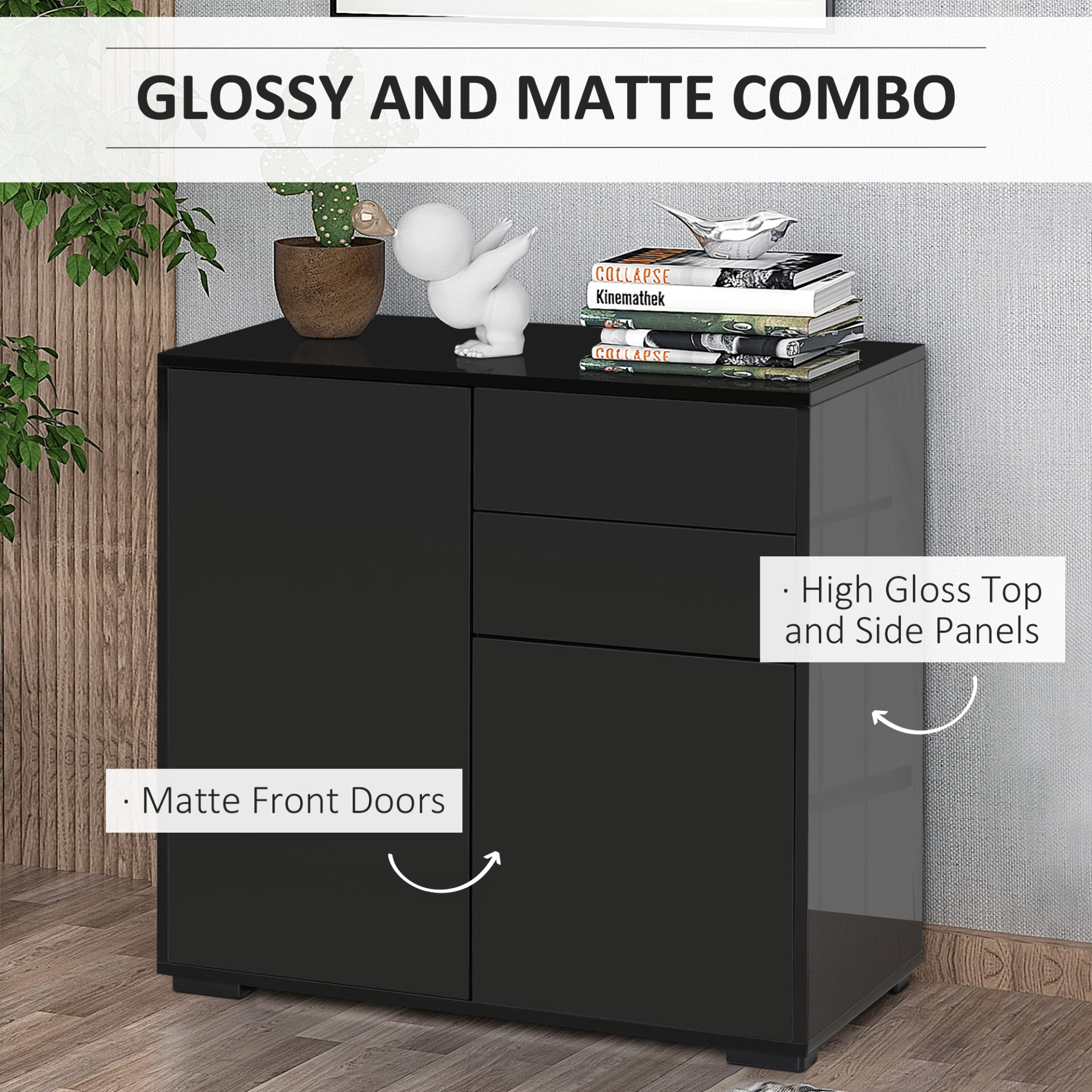 HOMCOM High Gloss Sideboard with Push-Open Design, 2 Drawers & Black Finish – Stylish Storage for Living Room & Bedroom - BEYRUN