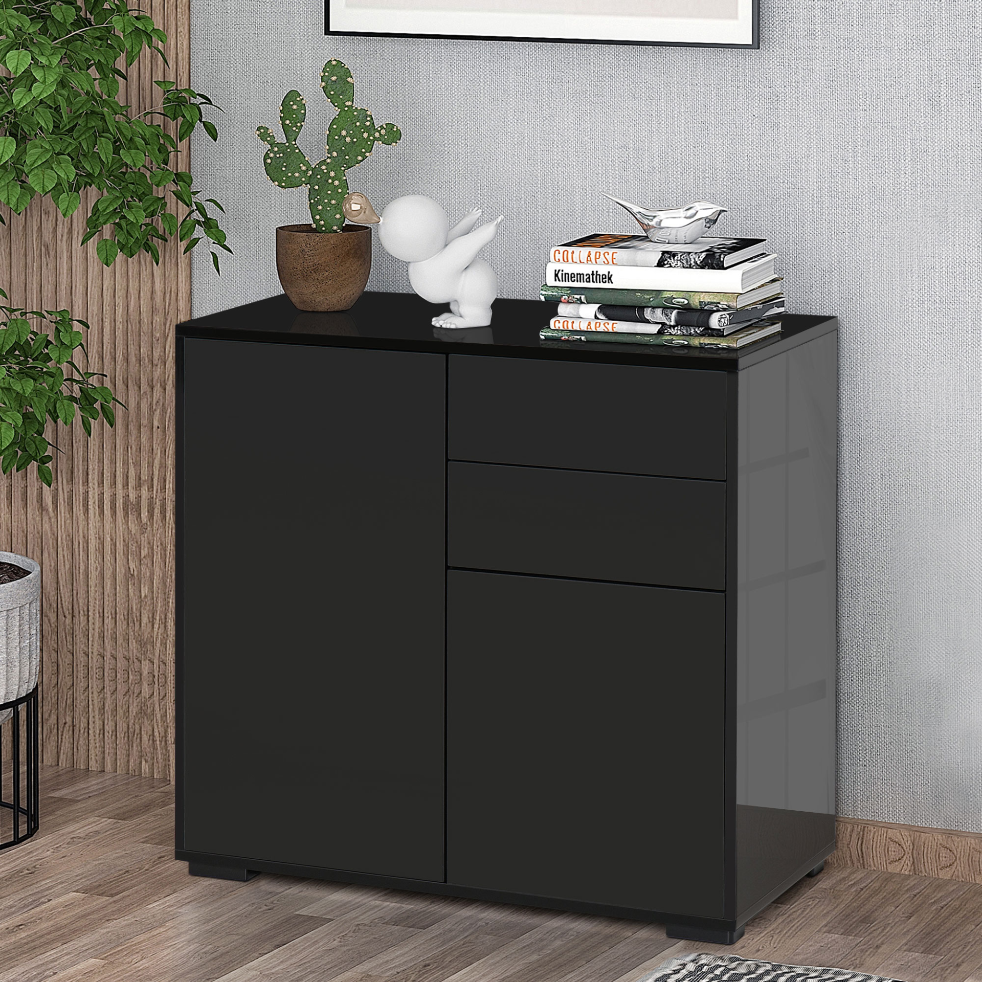 HOMCOM High Gloss Sideboard with Push-Open Design, 2 Drawers & Black Finish – Stylish Storage for Living Room & Bedroom - BEYRUN