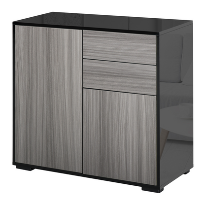 HOMCOM High Gloss Sideboard with Push-Open, 2 Drawers, Adjustable Shelves - Light Grey & Black - BEYRUN