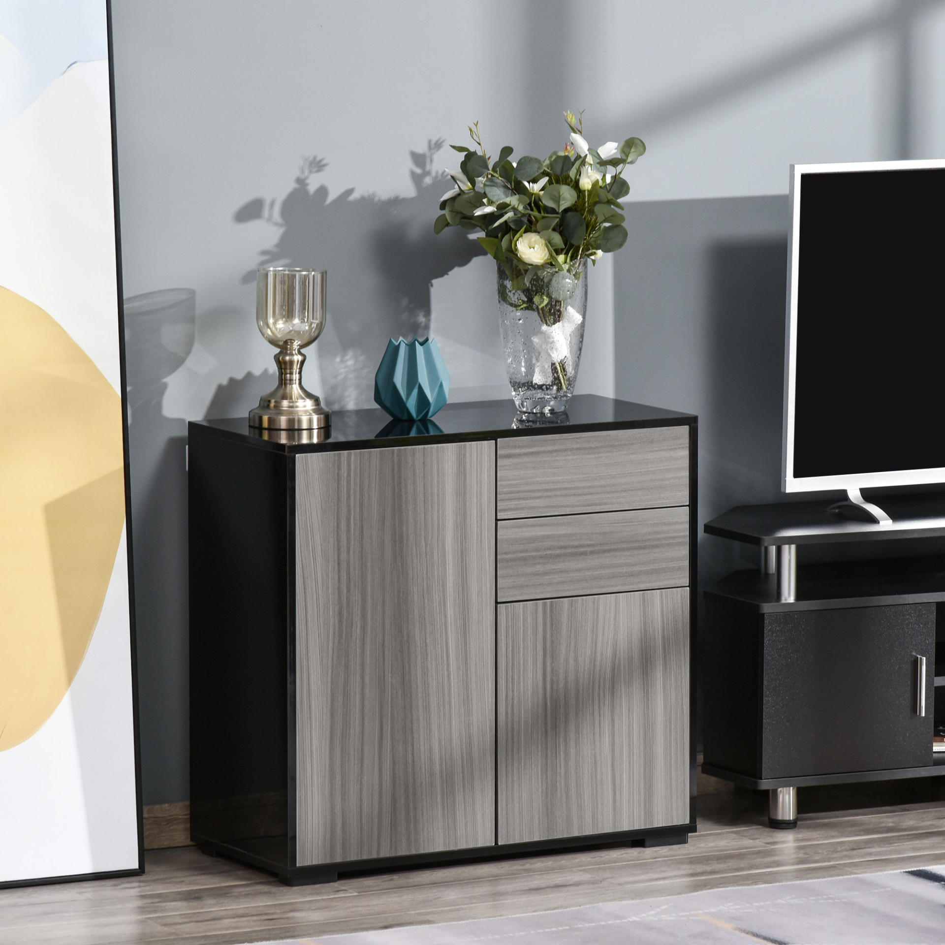 HOMCOM High Gloss Sideboard with Push-Open, 2 Drawers, Adjustable Shelves - Light Grey & Black - BEYRUN