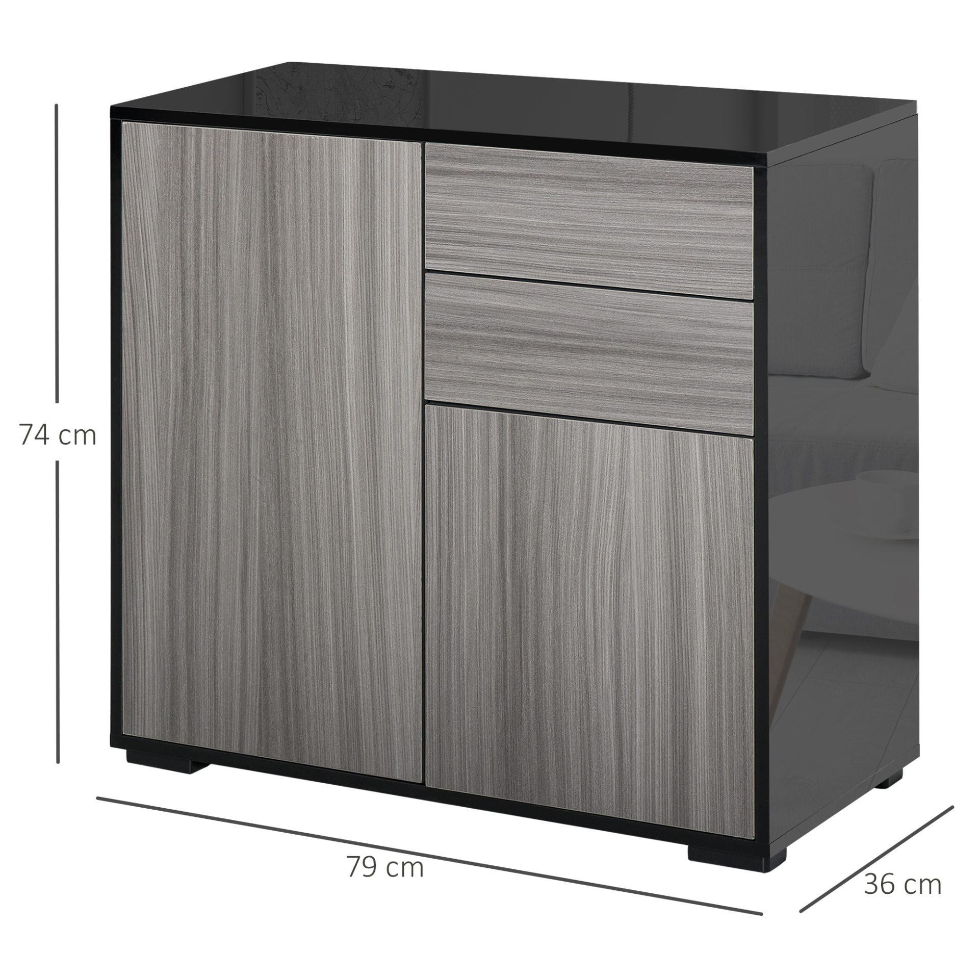 HOMCOM High Gloss Sideboard with Push-Open, 2 Drawers, Adjustable Shelves - Light Grey & Black - BEYRUN