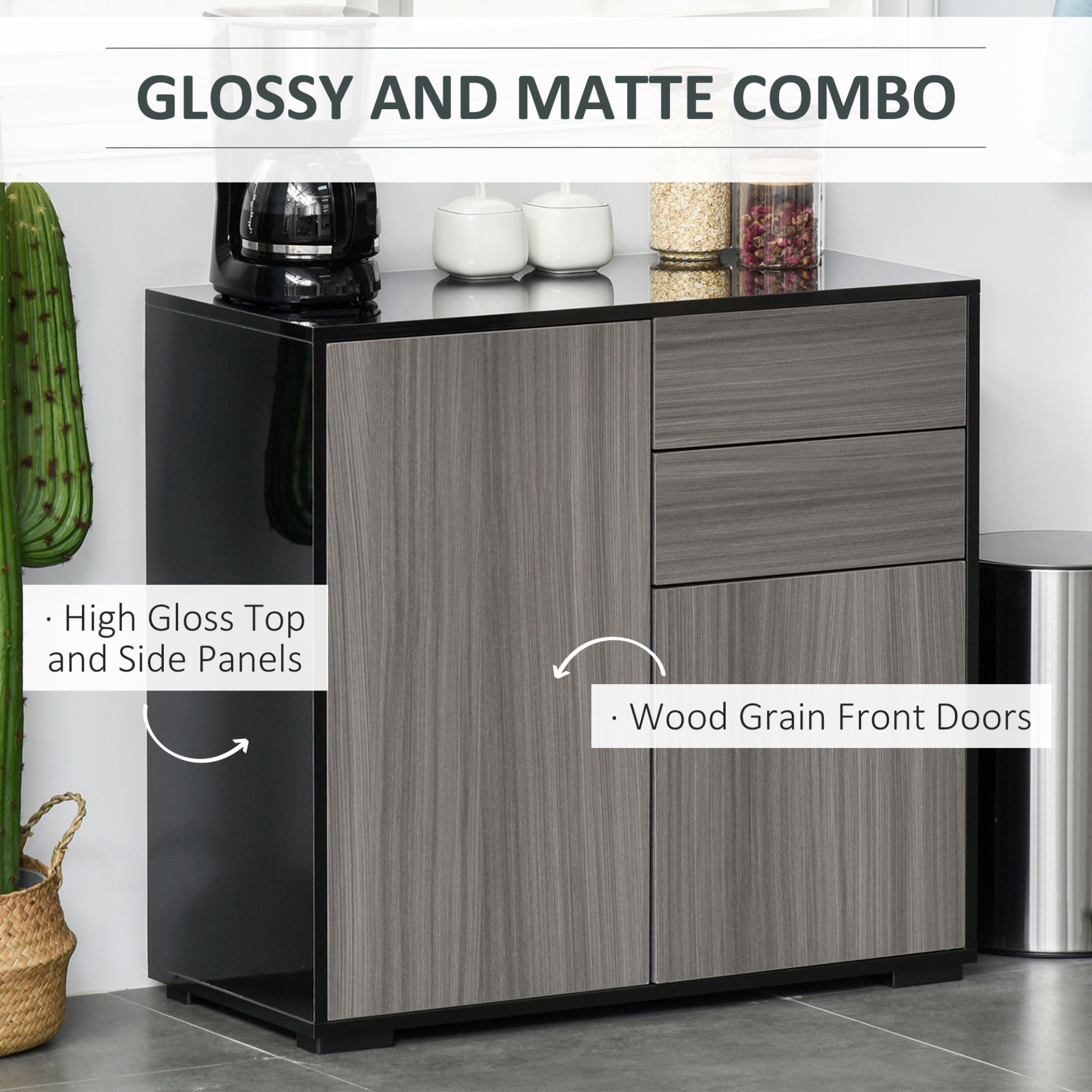 HOMCOM High Gloss Sideboard with Push-Open, 2 Drawers, Adjustable Shelves - Light Grey & Black - BEYRUN