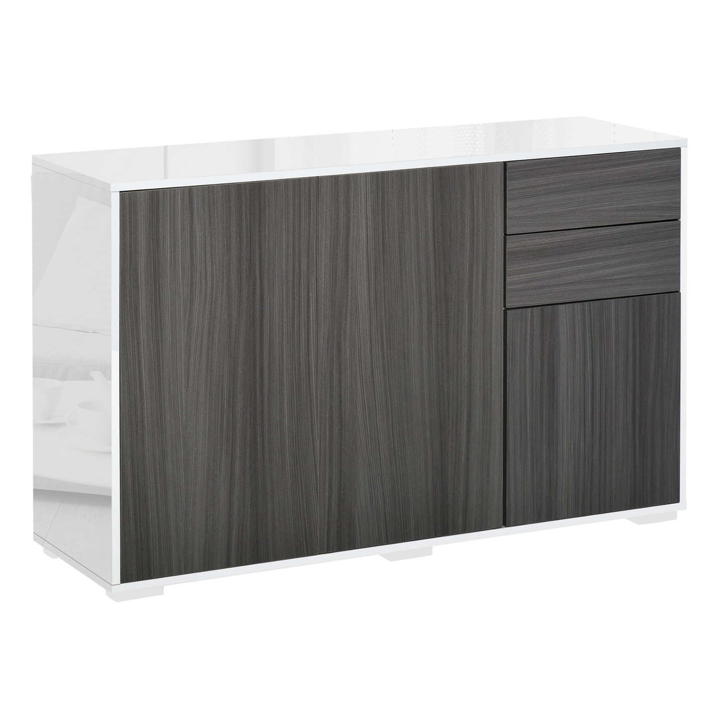 HOMCOM High Gloss Frame Sideboard - Elegant Light Grey & White Push-Open Cabinet with 2 Drawers for Living Room & Bedroom - BEYRUN