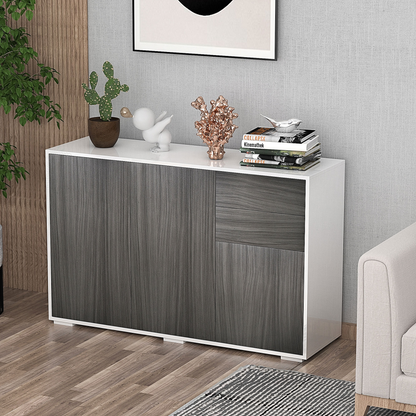 HOMCOM High Gloss Frame Sideboard - Elegant Light Grey & White Push-Open Cabinet with 2 Drawers for Living Room & Bedroom - BEYRUN