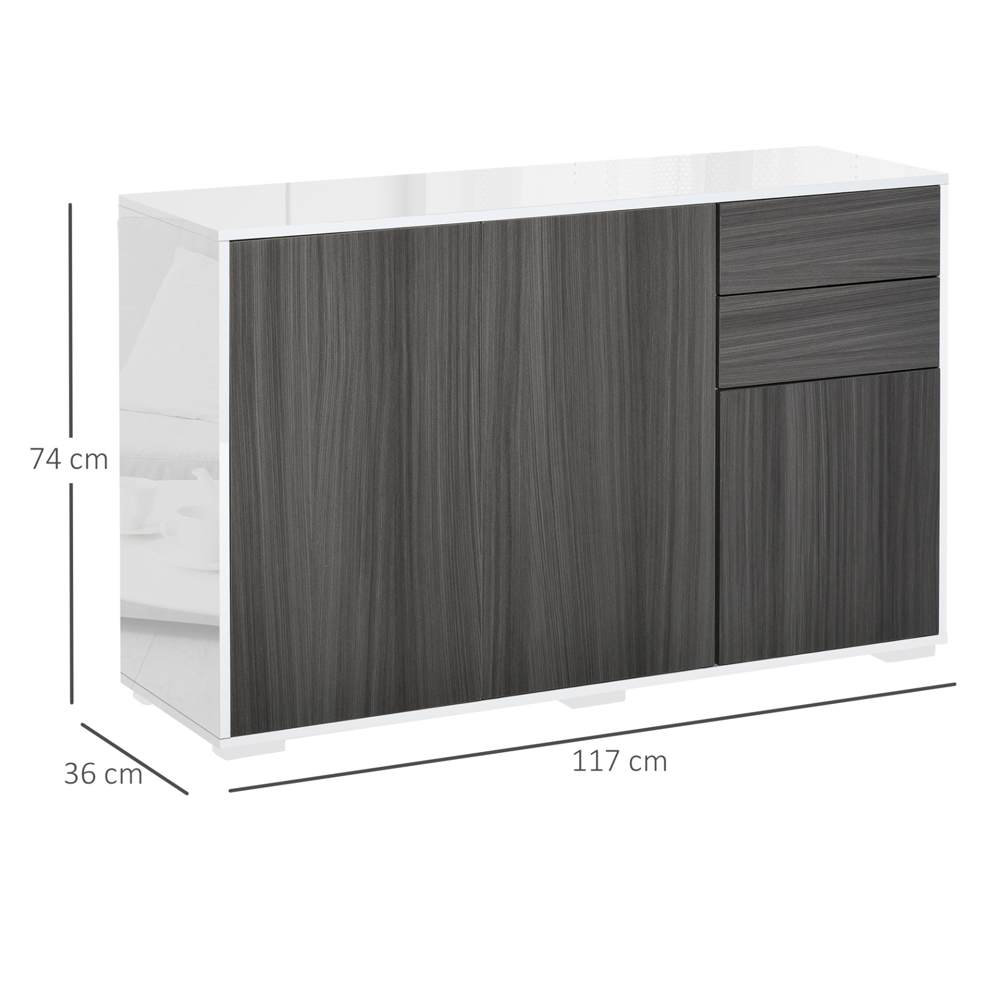 HOMCOM High Gloss Frame Sideboard - Elegant Light Grey & White Push-Open Cabinet with 2 Drawers for Living Room & Bedroom - BEYRUN