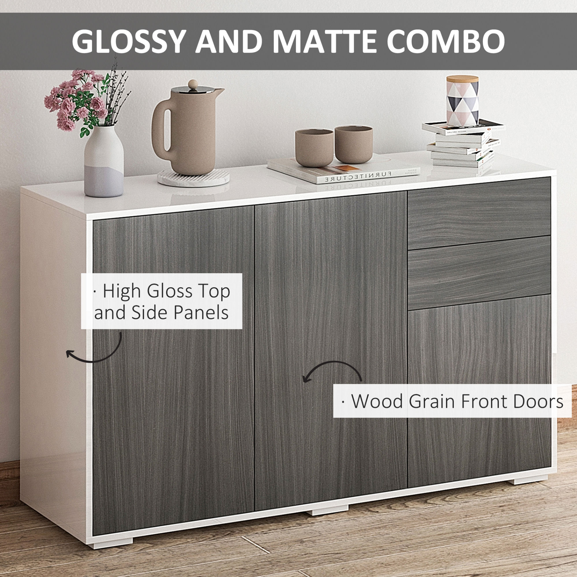 HOMCOM High Gloss Frame Sideboard - Elegant Light Grey & White Push-Open Cabinet with 2 Drawers for Living Room & Bedroom - BEYRUN