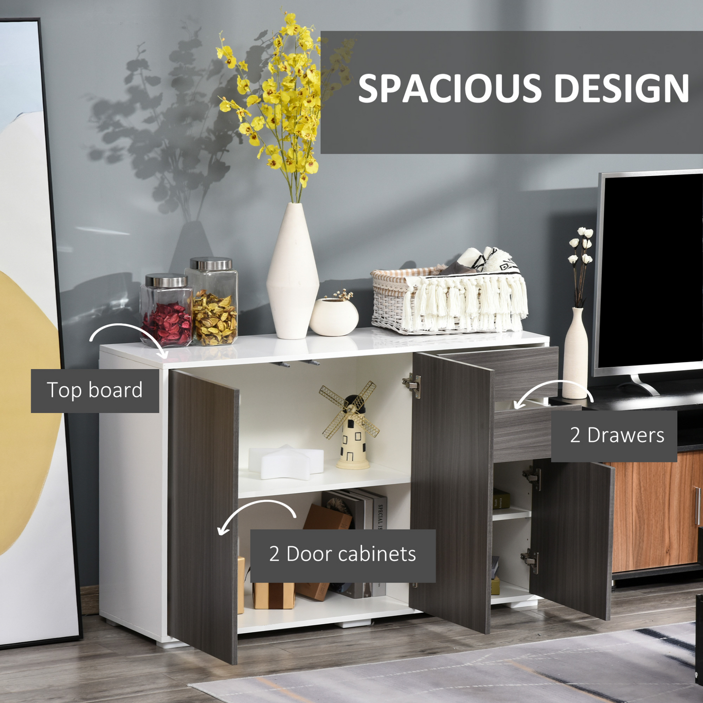 HOMCOM High Gloss Frame Sideboard - Elegant Light Grey & White Push-Open Cabinet with 2 Drawers for Living Room & Bedroom - BEYRUN