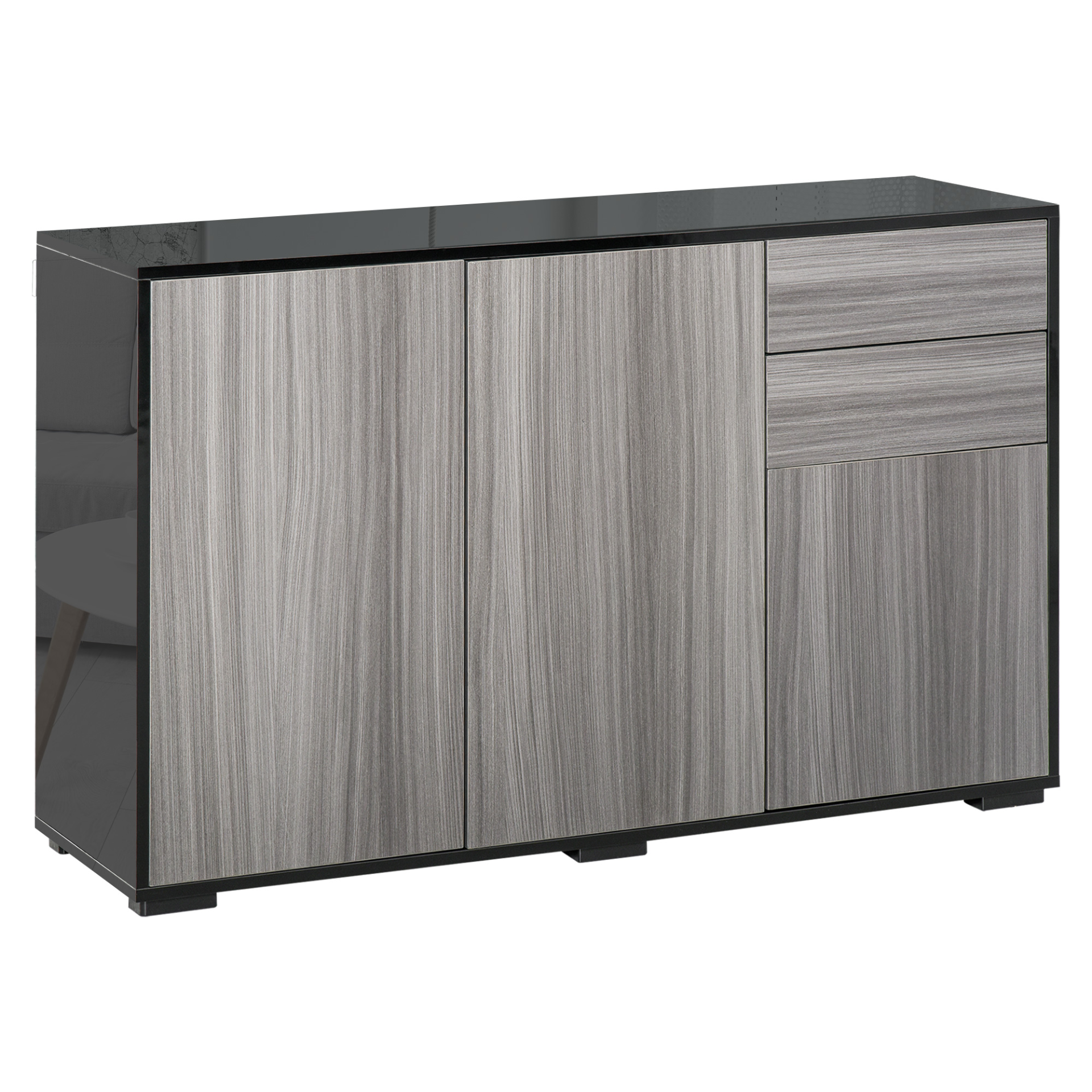 HOMCOM High Gloss Sideboard - Modern Push-Open Design with 2 Drawers, Stylish Side Cabinet for Living Room & Bedroom - Light Grey and Black - BEYRUN