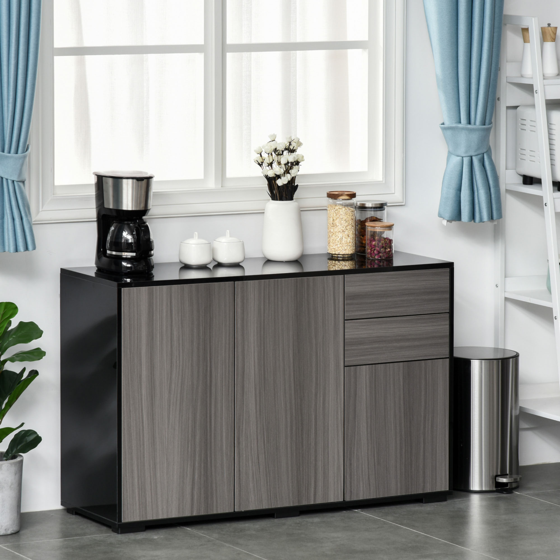 HOMCOM High Gloss Sideboard - Modern Push-Open Design with 2 Drawers, Stylish Side Cabinet for Living Room & Bedroom - Light Grey and Black - BEYRUN