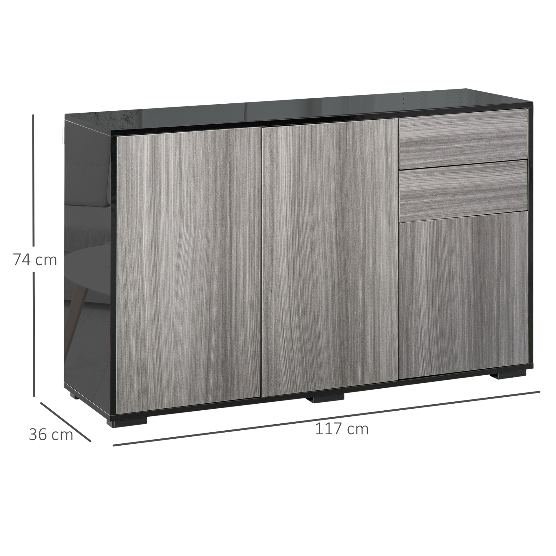 HOMCOM High Gloss Sideboard - Modern Push-Open Design with 2 Drawers, Stylish Side Cabinet for Living Room & Bedroom - Light Grey and Black - BEYRUN