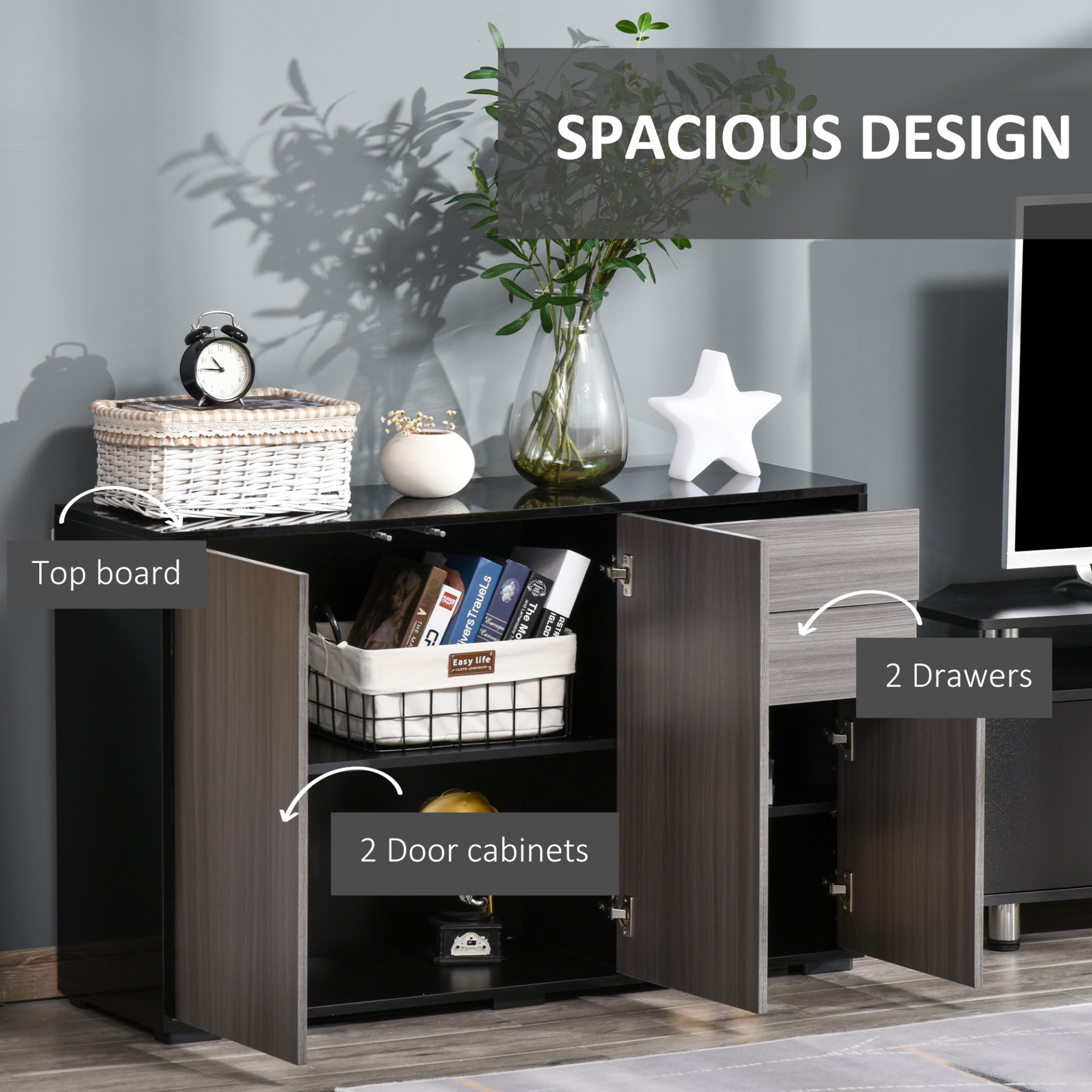 HOMCOM High Gloss Sideboard - Modern Push-Open Design with 2 Drawers, Stylish Side Cabinet for Living Room & Bedroom - Light Grey and Black - BEYRUN