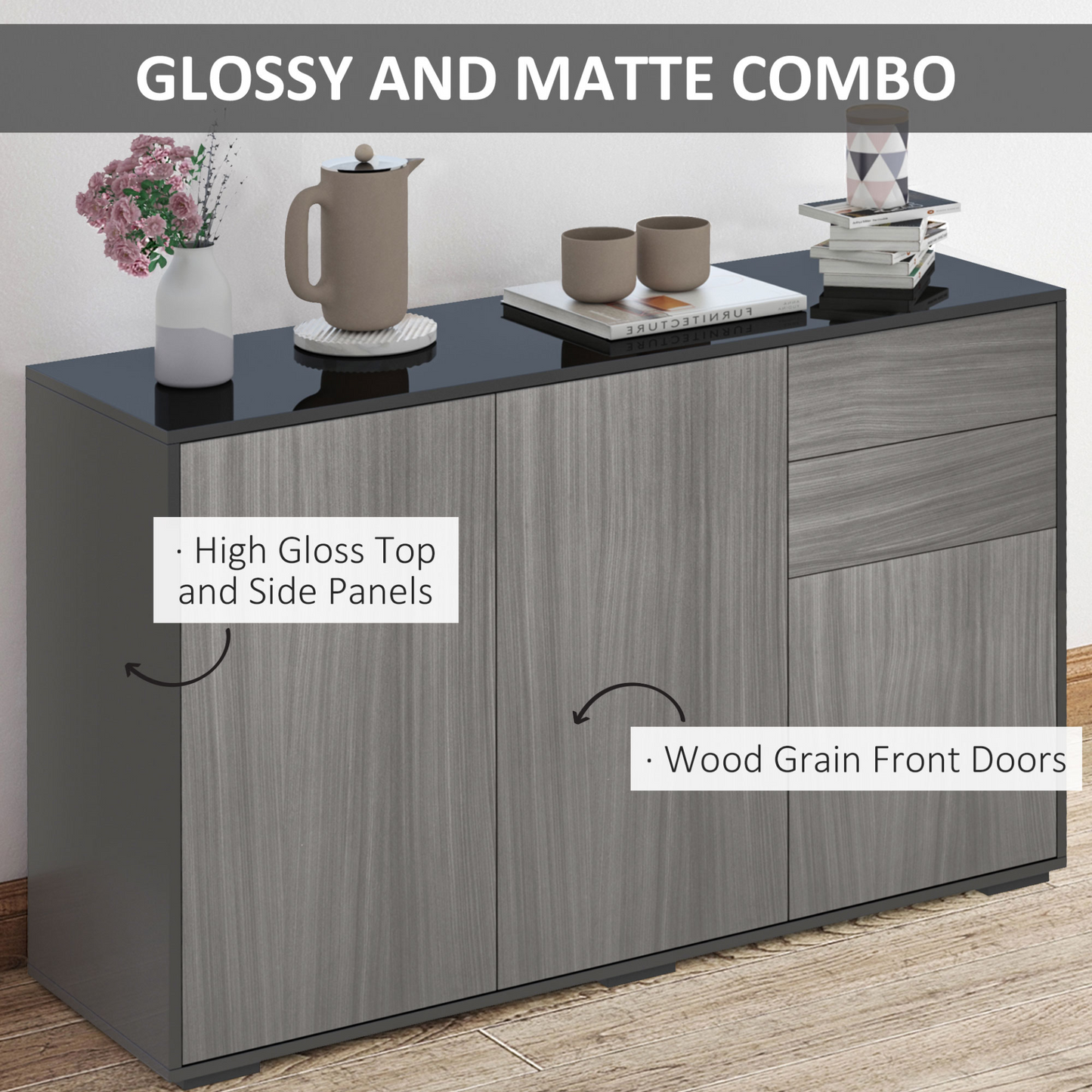 HOMCOM High Gloss Sideboard - Modern Push-Open Design with 2 Drawers, Stylish Side Cabinet for Living Room & Bedroom - Light Grey and Black - BEYRUN