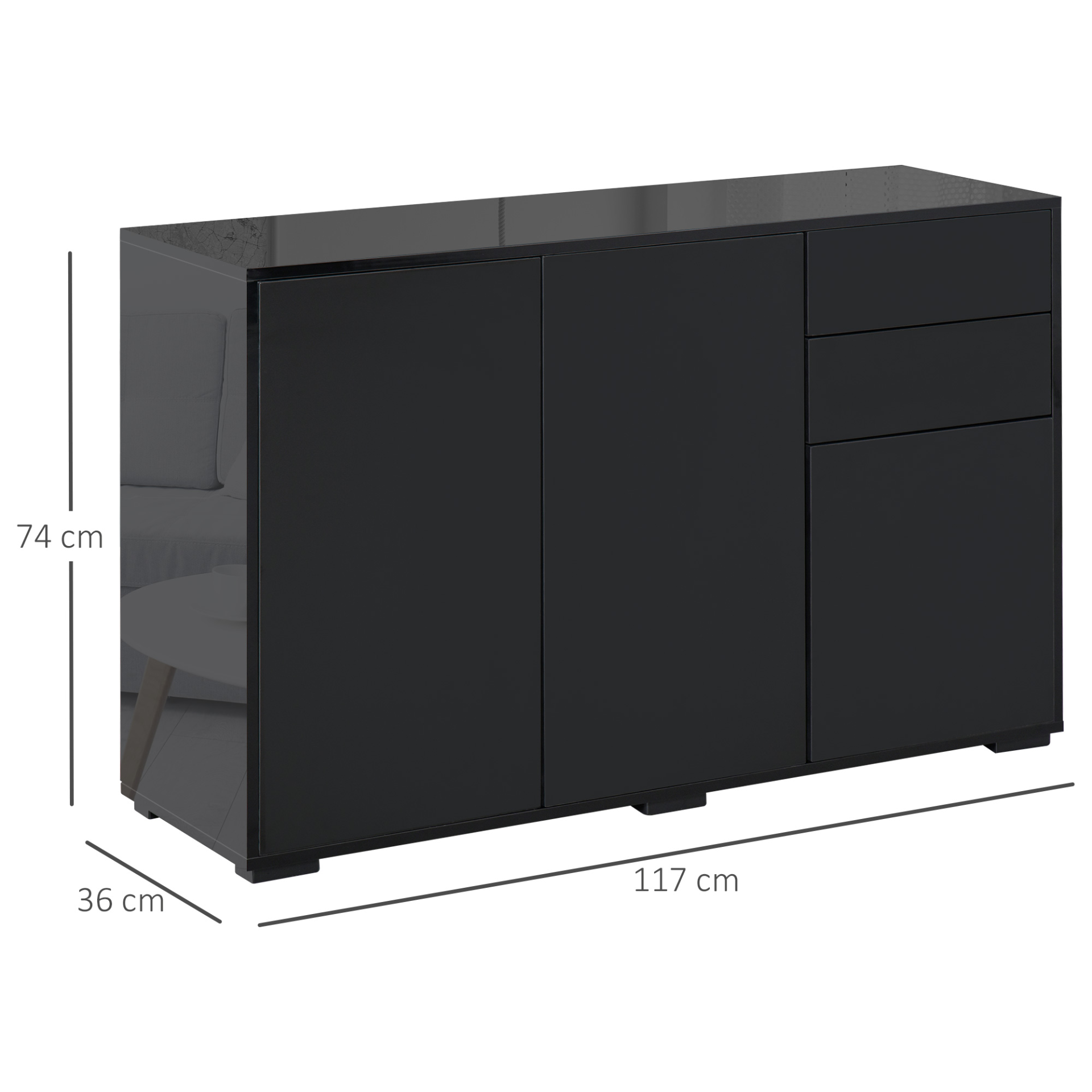 HOMCOM High Gloss Sideboard in Black - Modern Push-Open Design with 2 Drawers for Living Room & Bedroom - BEYRUN