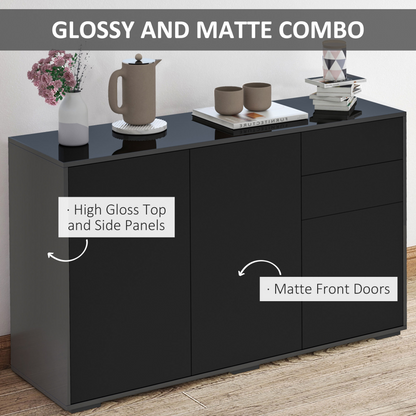 HOMCOM High Gloss Sideboard in Black - Modern Push-Open Design with 2 Drawers for Living Room & Bedroom - BEYRUN