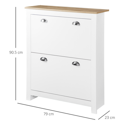 HOMCOM 2 Drawer Shoe Cabinet - Modern Narrow Wooden Shoe Cupboard, Adjustable Shelf for 12 Pairs, White Finish - BEYRUN