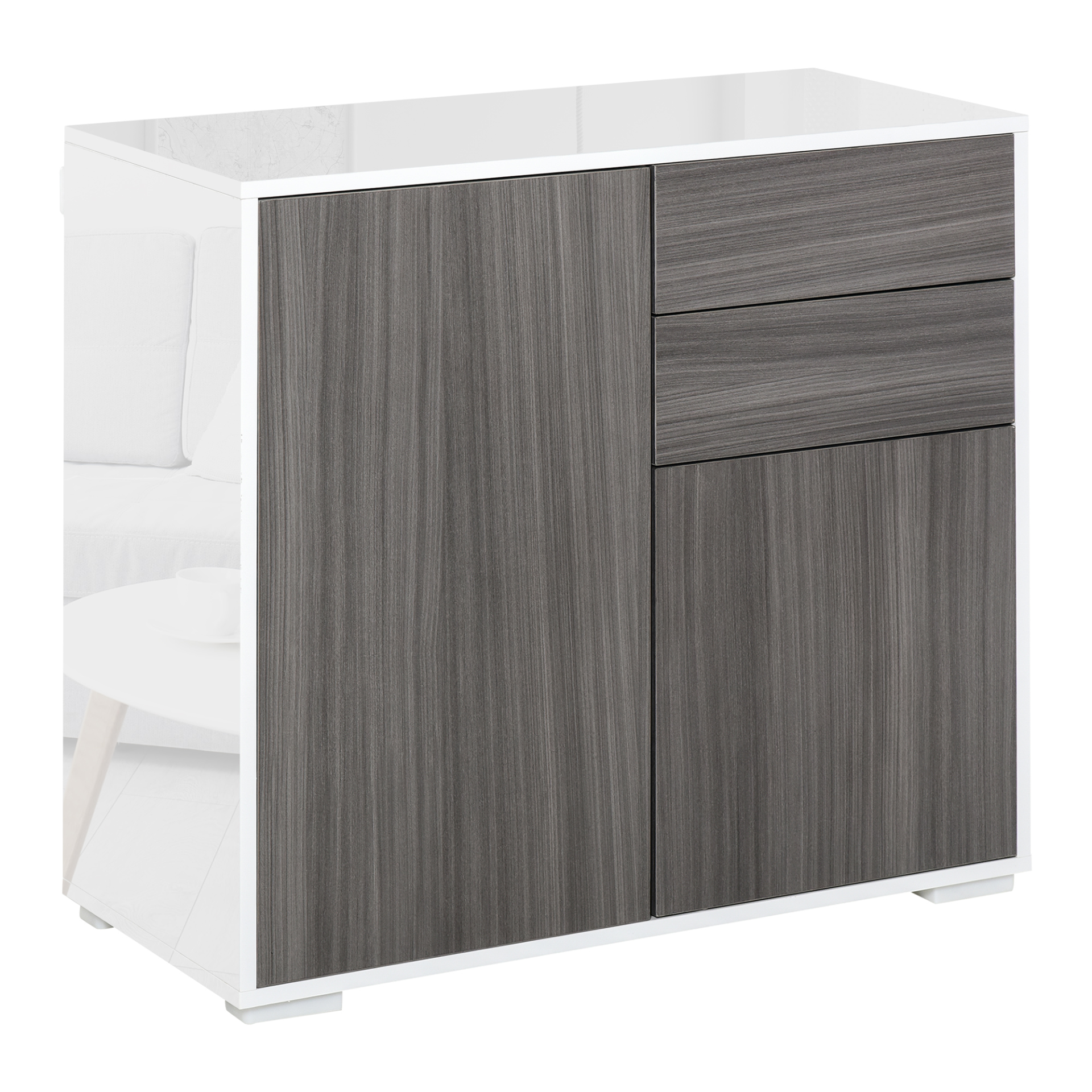 HOMCOM High Gloss Frame Sideboard - Modern Push-Open Design with 2 Drawers & Cabinets, Grey & White - BEYRUN