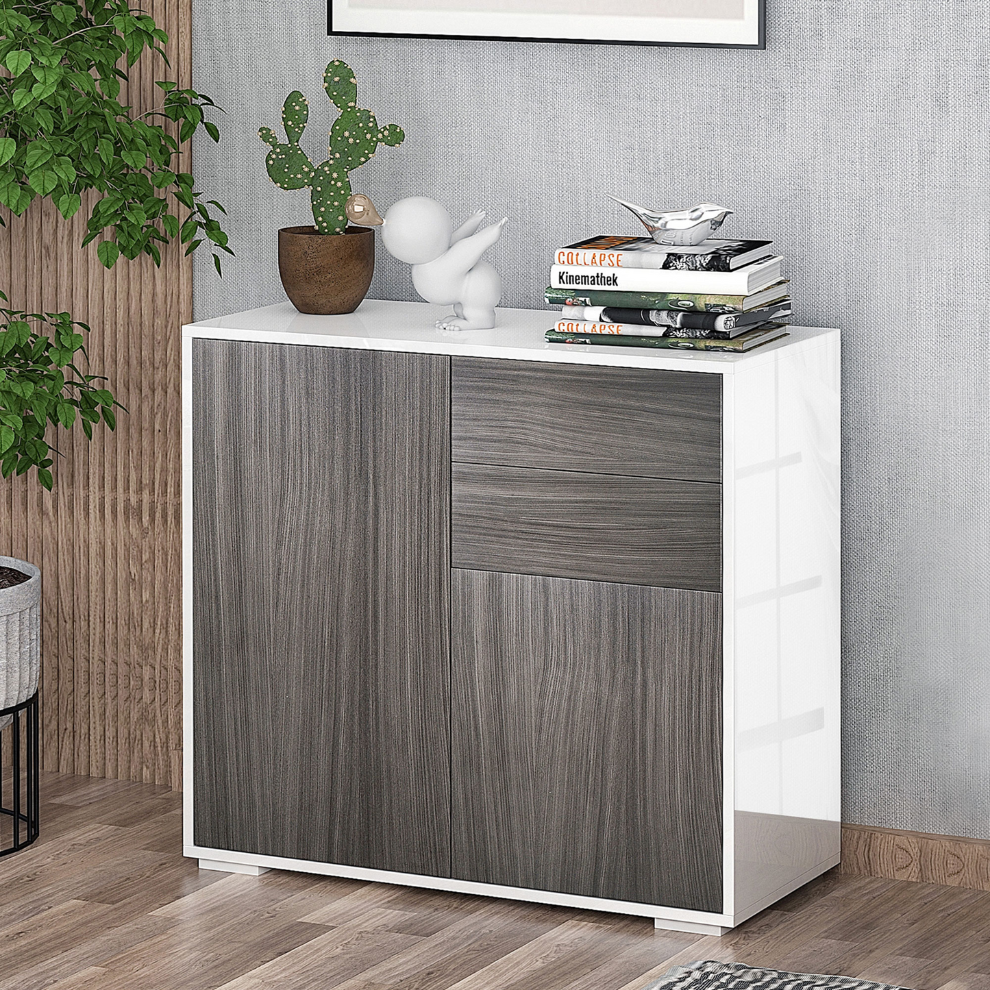 HOMCOM High Gloss Frame Sideboard - Modern Push-Open Design with 2 Drawers & Cabinets, Grey & White - BEYRUN