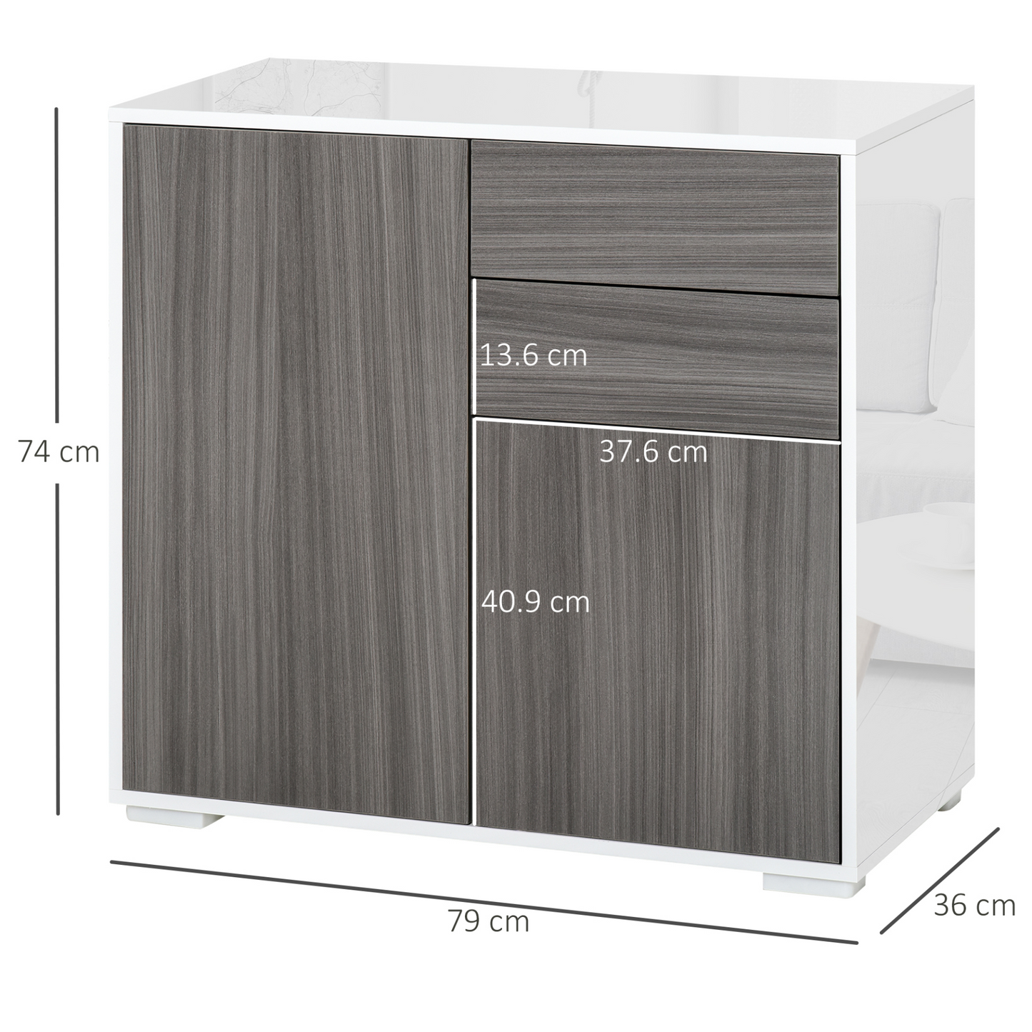 HOMCOM High Gloss Frame Sideboard - Modern Push-Open Design with 2 Drawers & Cabinets, Grey & White - BEYRUN