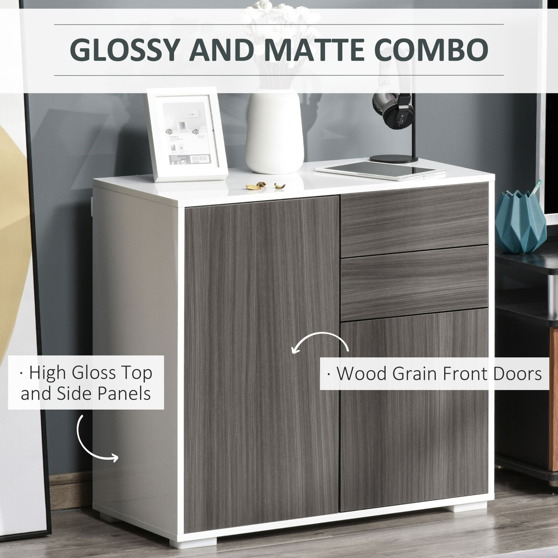 HOMCOM High Gloss Frame Sideboard - Modern Push-Open Design with 2 Drawers & Cabinets, Grey & White - BEYRUN