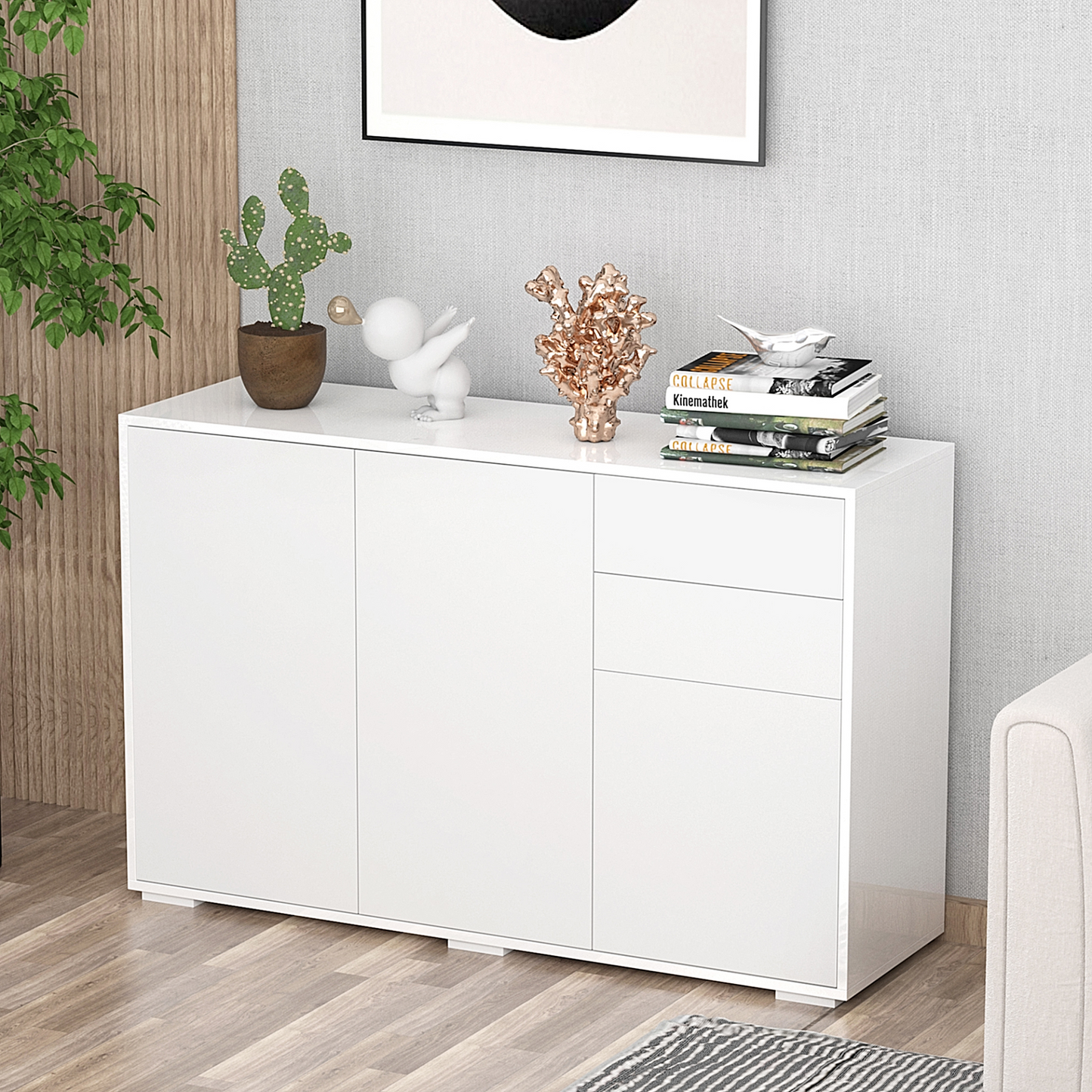 HOMCOM High Gloss Frame Sideboard – Sleek Push-Open Design, Versatile Storage for Living Room & Bedroom, White Side Cabinet - BEYRUN