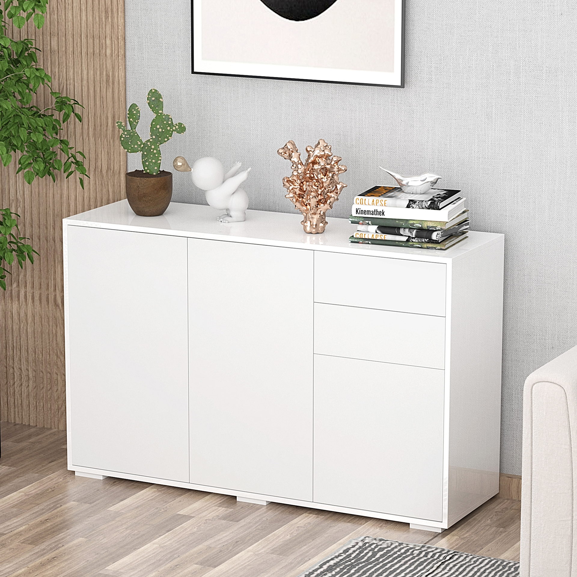 HOMCOM High Gloss Frame Sideboard – Sleek Push-Open Design, Versatile Storage for Living Room & Bedroom, White Side Cabinet - BEYRUN