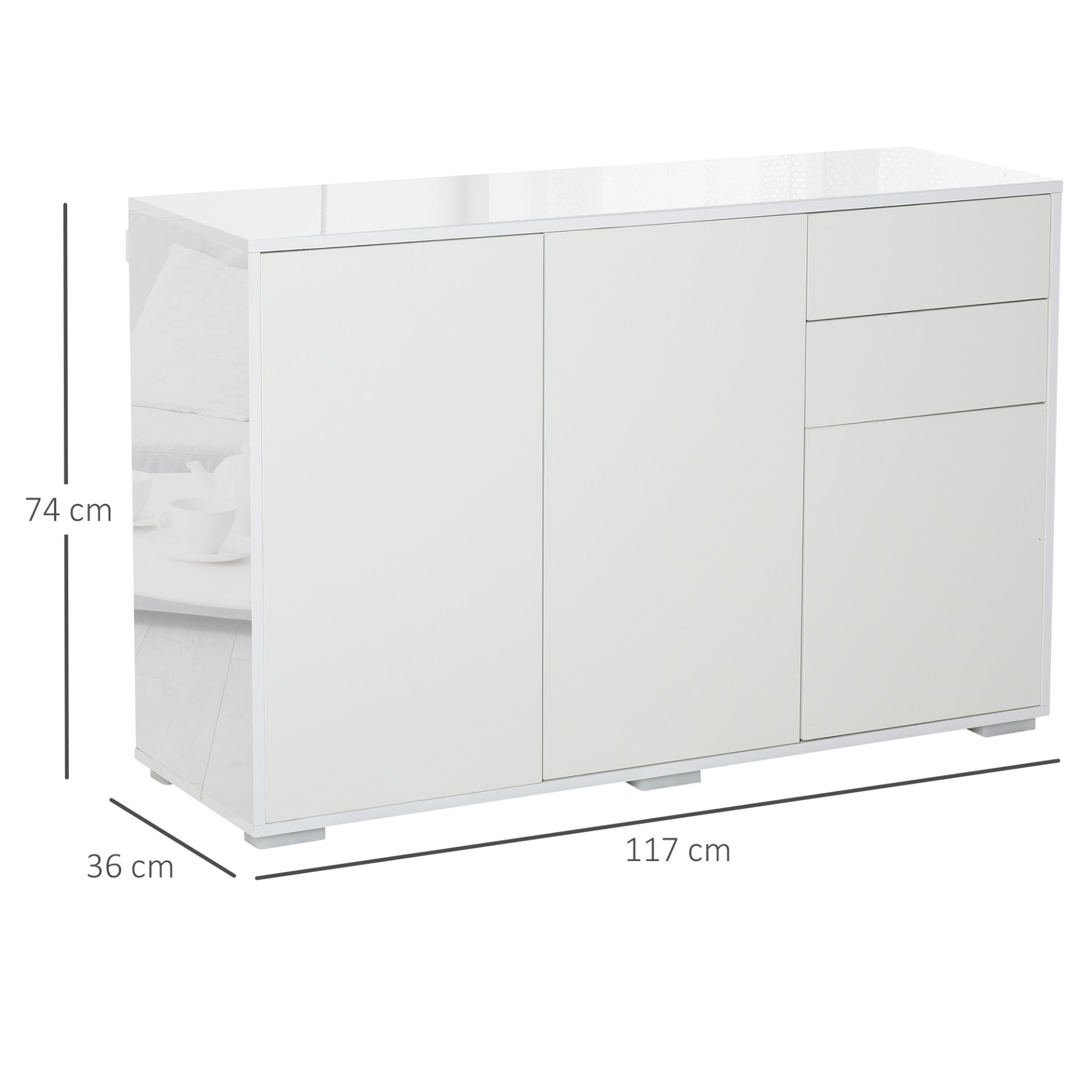 HOMCOM High Gloss Frame Sideboard – Sleek Push-Open Design, Versatile Storage for Living Room & Bedroom, White Side Cabinet - BEYRUN