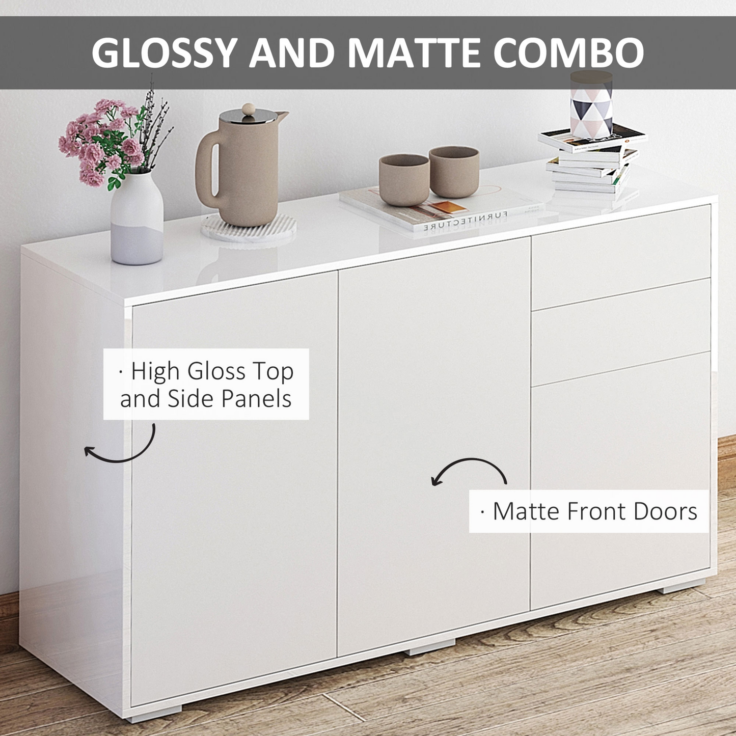 HOMCOM High Gloss Frame Sideboard – Sleek Push-Open Design, Versatile Storage for Living Room & Bedroom, White Side Cabinet - BEYRUN