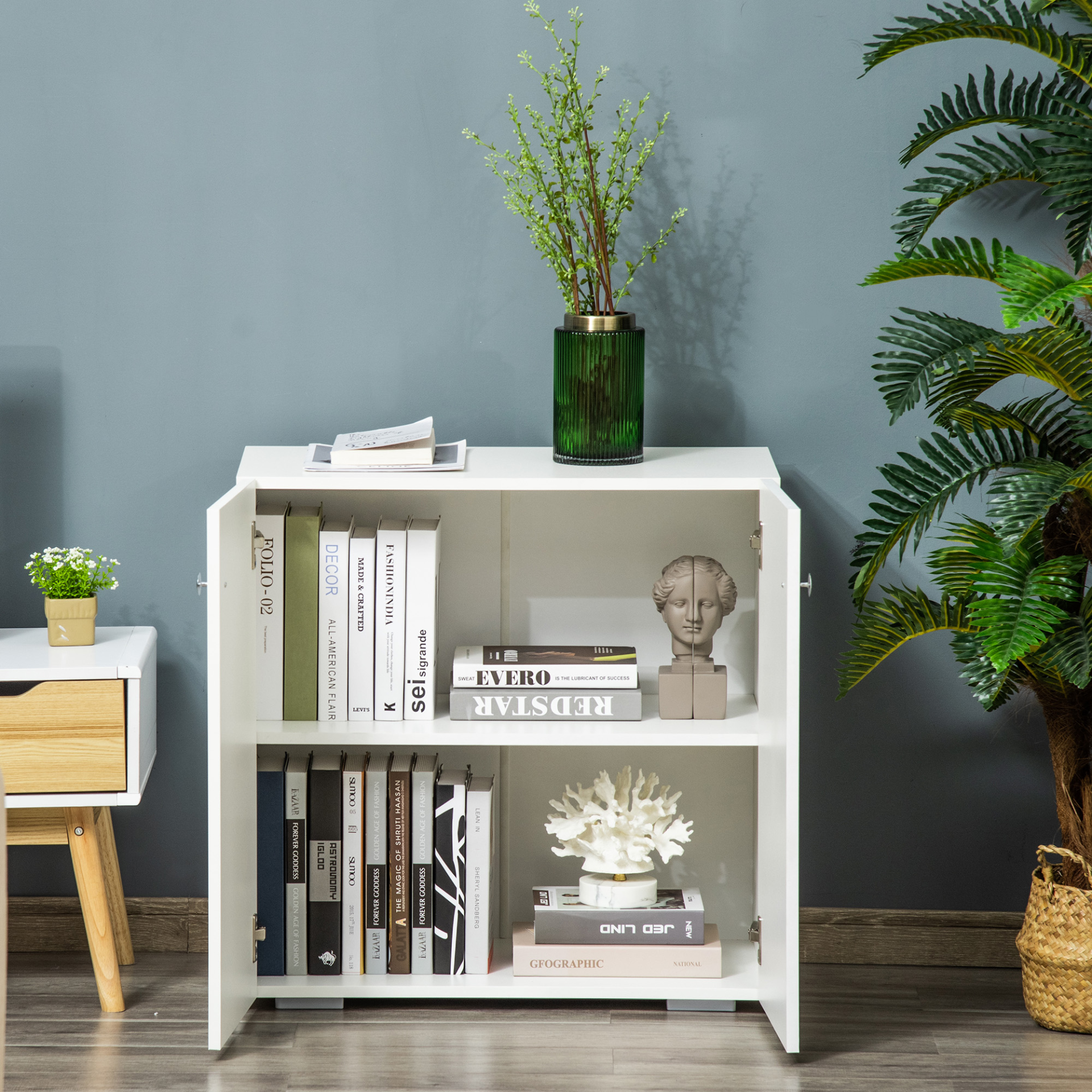 HOMCOM White Storage Cabinet - Freestanding Wooden Sideboard with Shelves, Kitchen Cupboard, and Bookcase - BEYRUN