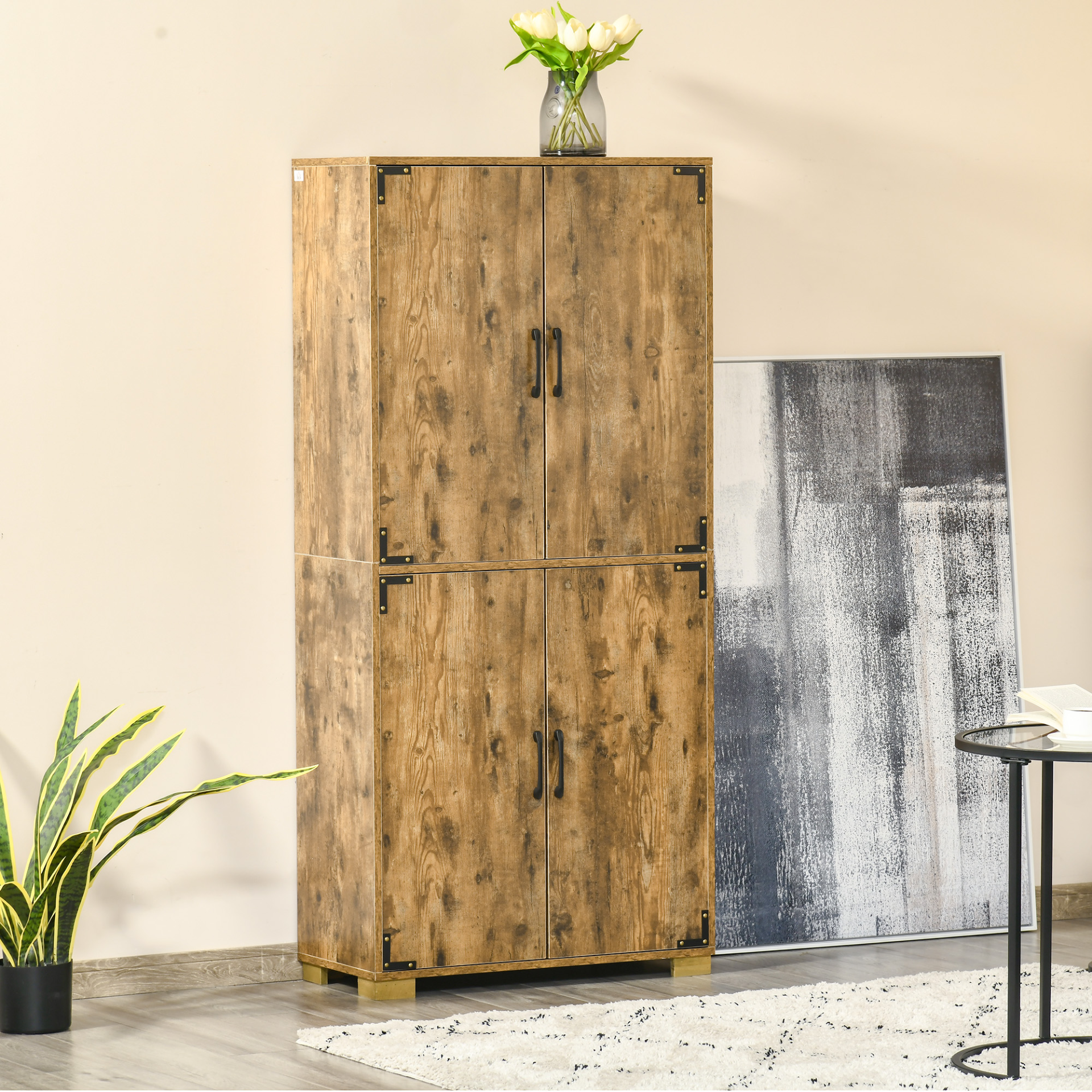 HOMCOM Farmhouse Tall Cabinet with 4 Doors & Rustic Wood Effect - Large Storage Shelves for Bedroom & Living Room - BEYRUN