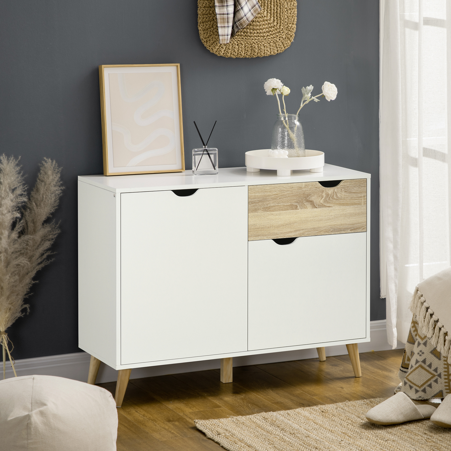 HOMCOM Modern White Sideboard Storage Cabinet with Drawer and 2 Doors for Bedroom, Living Room, and Hallway - BEYRUN