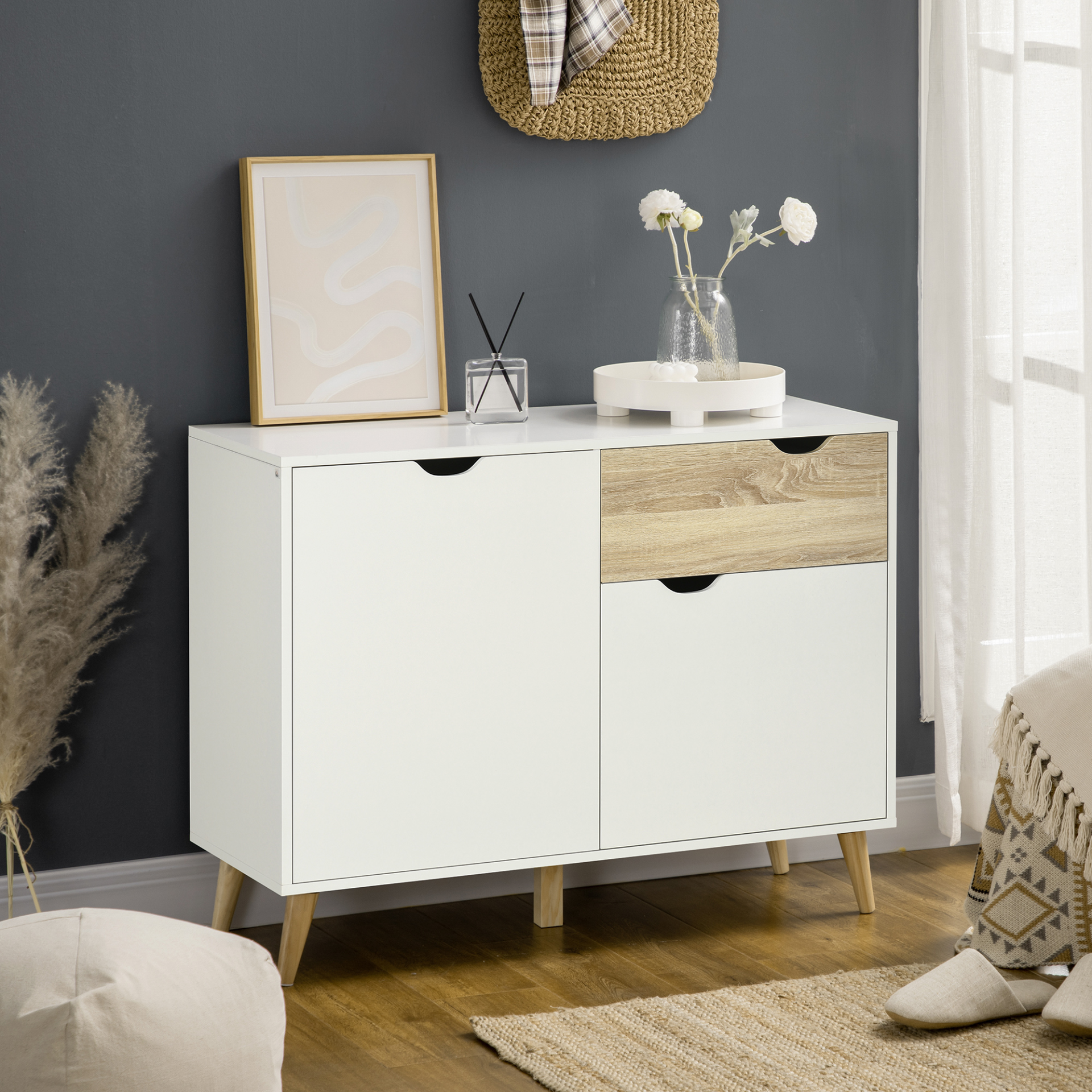 HOMCOM Modern White Sideboard Storage Cabinet with Drawer and 2 Doors for Bedroom, Living Room, and Hallway - BEYRUN