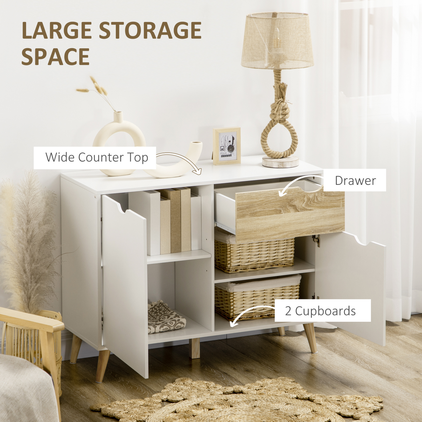 HOMCOM Modern White Sideboard Storage Cabinet with Drawer and 2 Doors for Bedroom, Living Room, and Hallway - BEYRUN