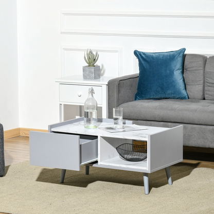 HOMCOM Modern Coffee Table with Marble Effect - Elegant Rectangular Center Table with Drawer & Storage Compartment for Living Room - BEYRUN