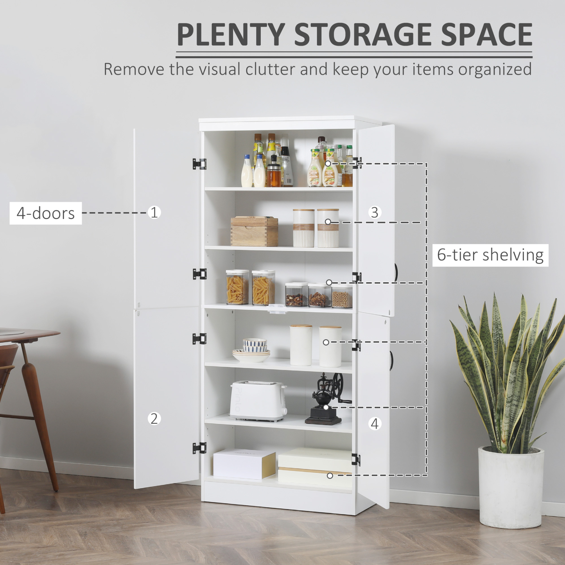 HOMCOM 4-Door Tall Kitchen Cupboard - Freestanding 6-Tier Storage Cabinet with Adjustable Shelves - White - BEYRUN