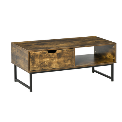 HOMCOM Industrial Coffee Table | Wooden End Table with Shelf and Drawer - BEYRUN